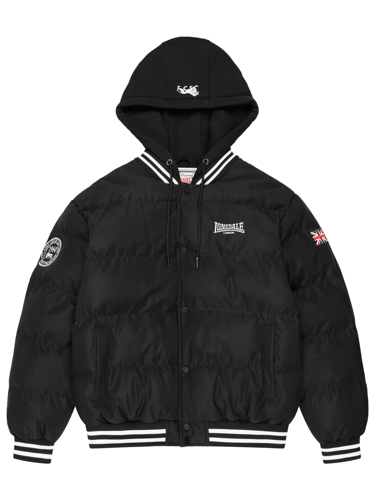 Schwarze Lonsdale Herren-Winterjacke mit grauer Fleece-Kapuze und sportlich gestreiften Bündchen.
