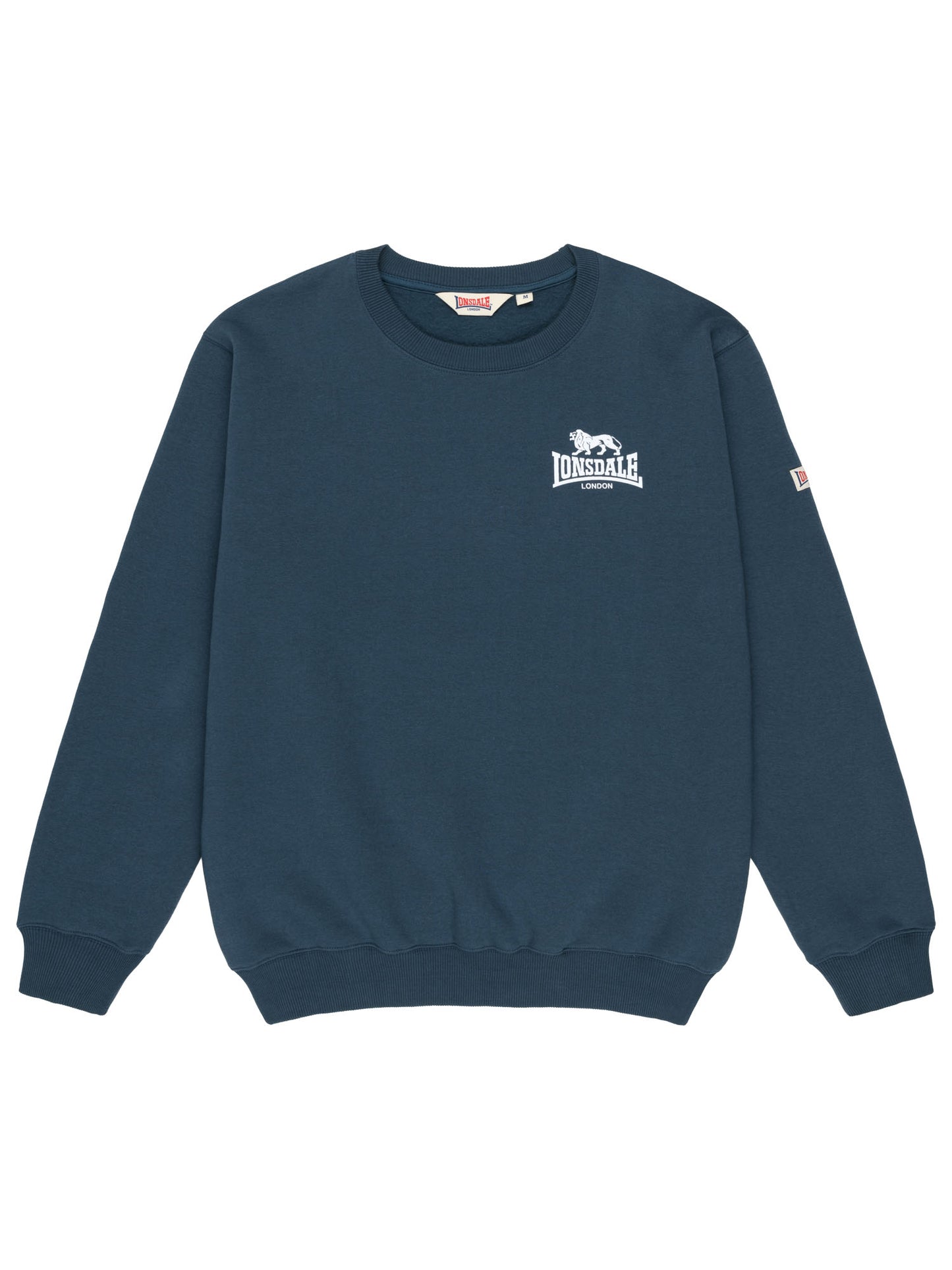 Blaues Lonsdale Herren-Sweatshirt mit Rundhalsausschnitt und kleinem weissem Logo-Print auf der linken Brust.