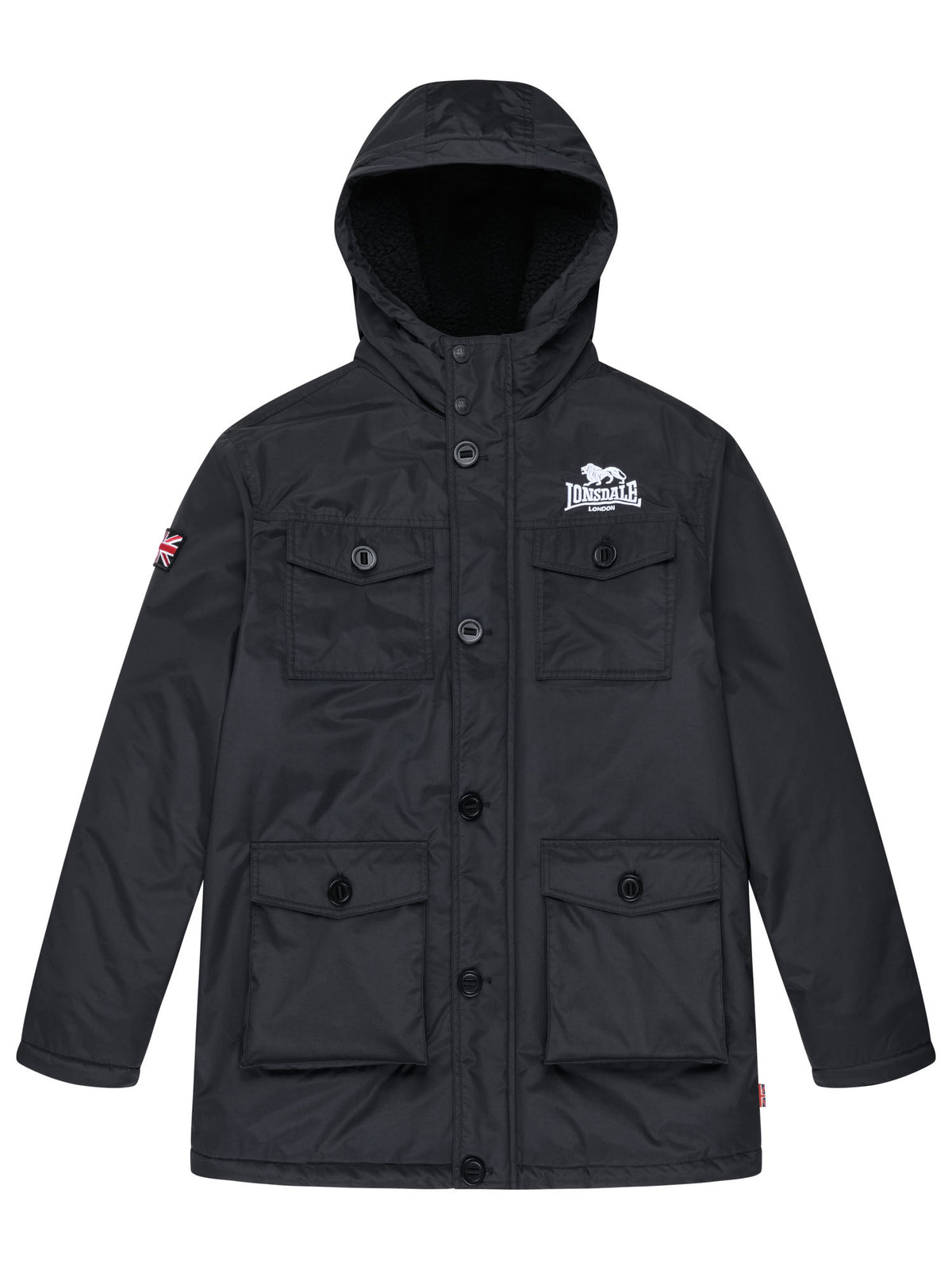 Schwarze Lonsdale Herren Winterjacke mit Kapuze und weichem Teddyfutter