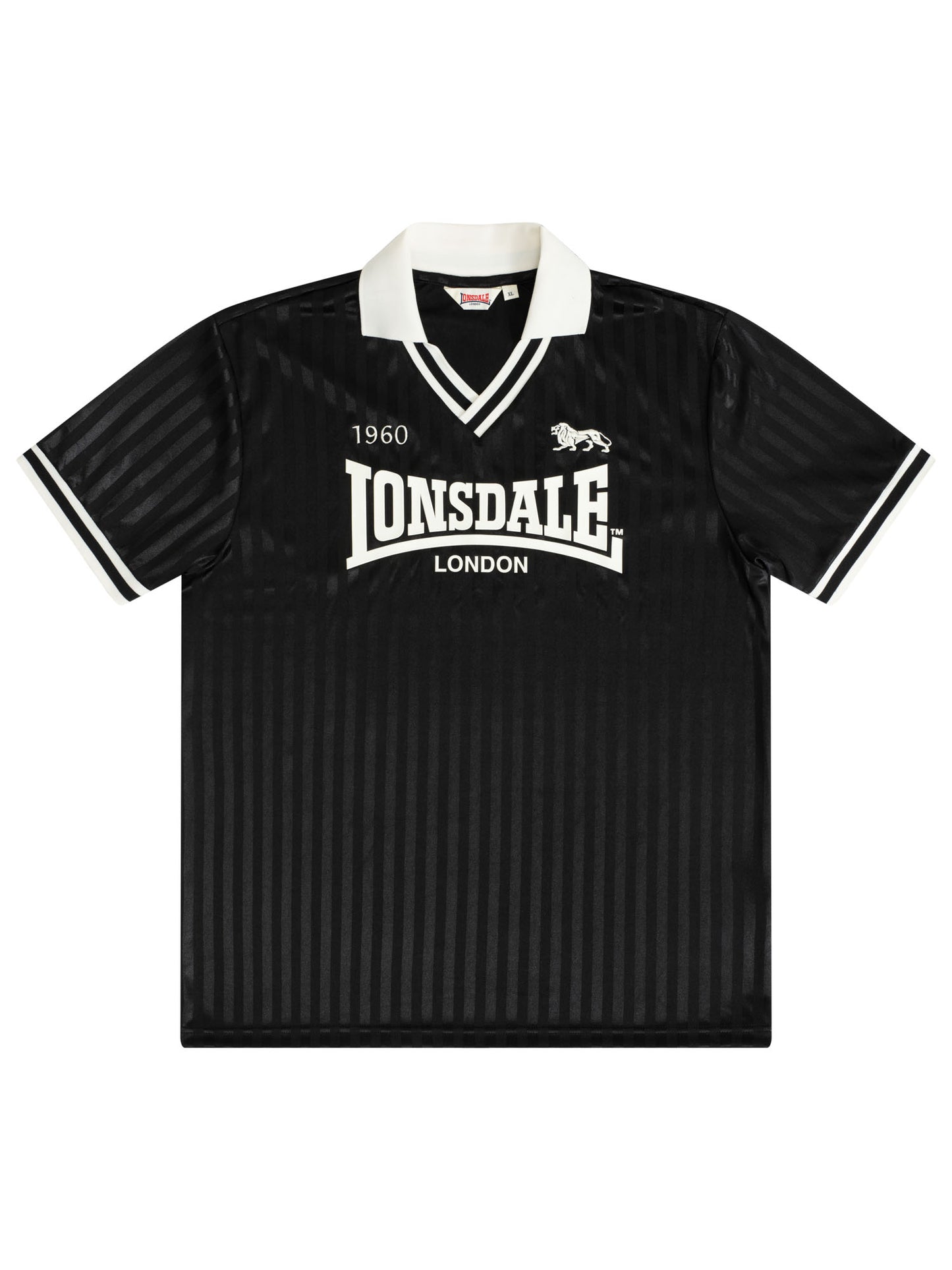 Lonsdale Unisex Trikot in Schwarz mit gestreiftem Jacquard-Muster, weissem V-Ausschnitt und Retro-Logo auf der Brust.