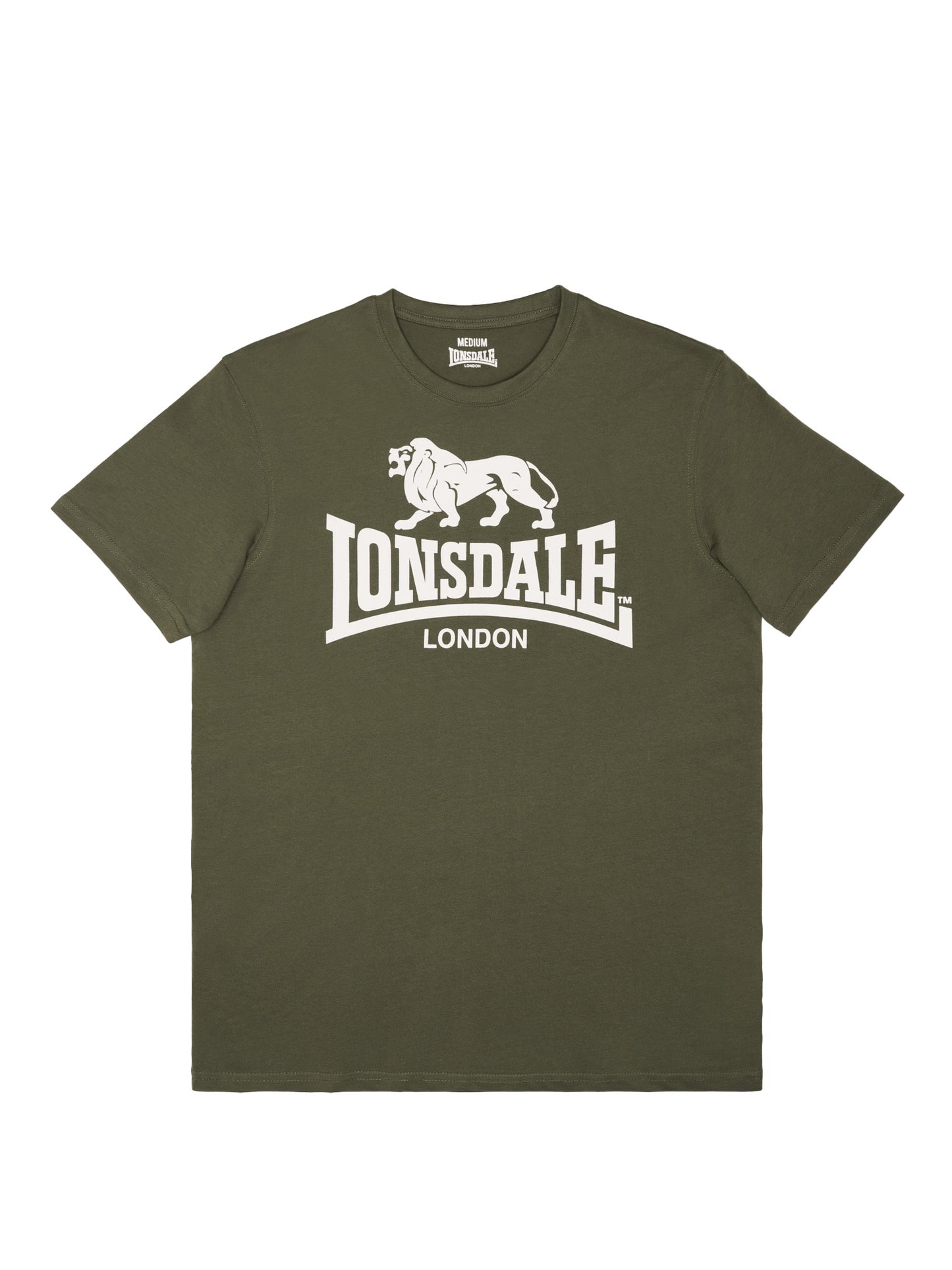 Lonsdale T-Shirt Oliv/Weiss mit Logo-Brustprint und kleinem Markenprint im Nacken.
