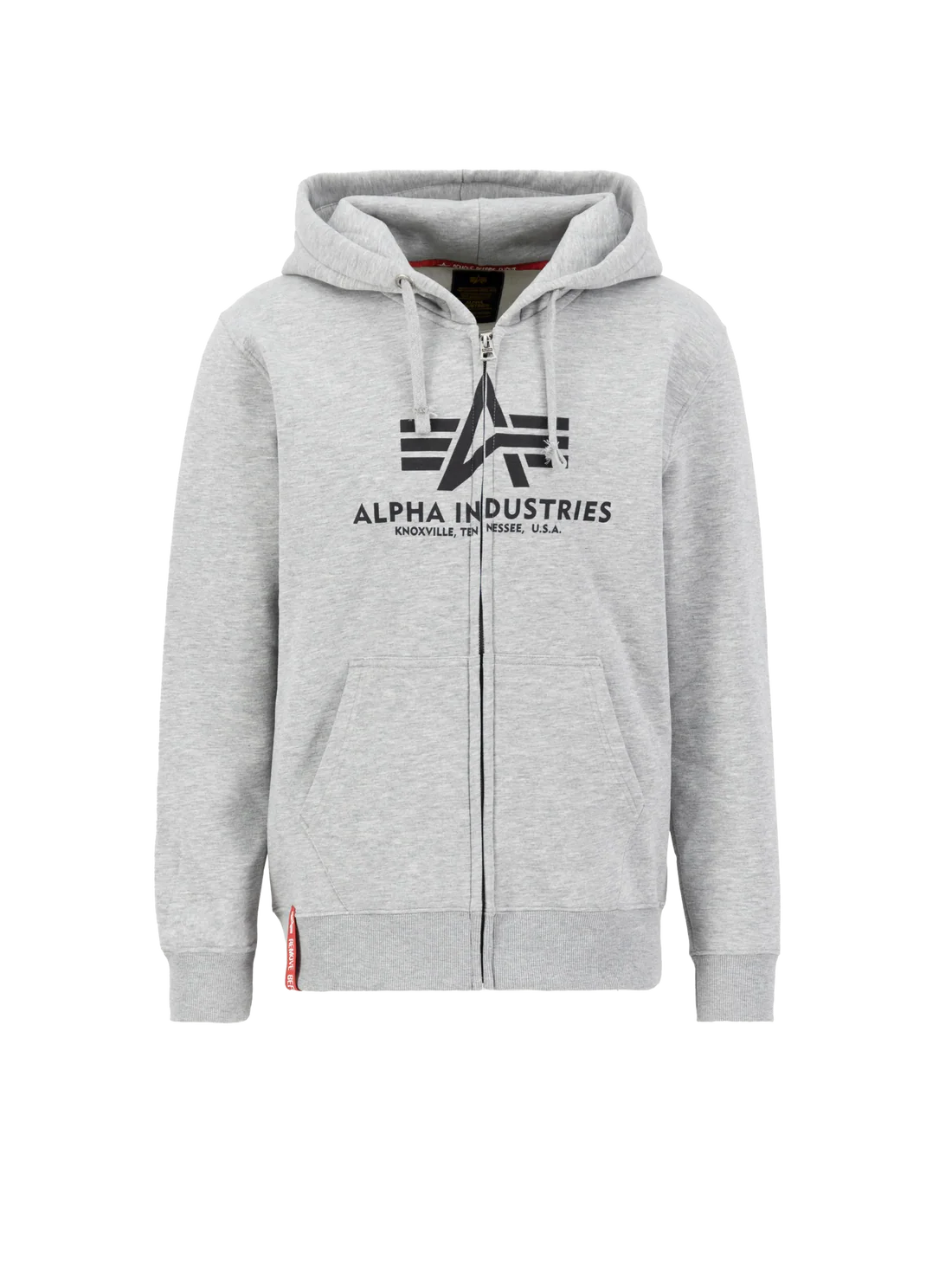 lpha Industries Basic Zip Hoody in Grey Heather mit Logo-Siebdruck auf der Brust für Herren.