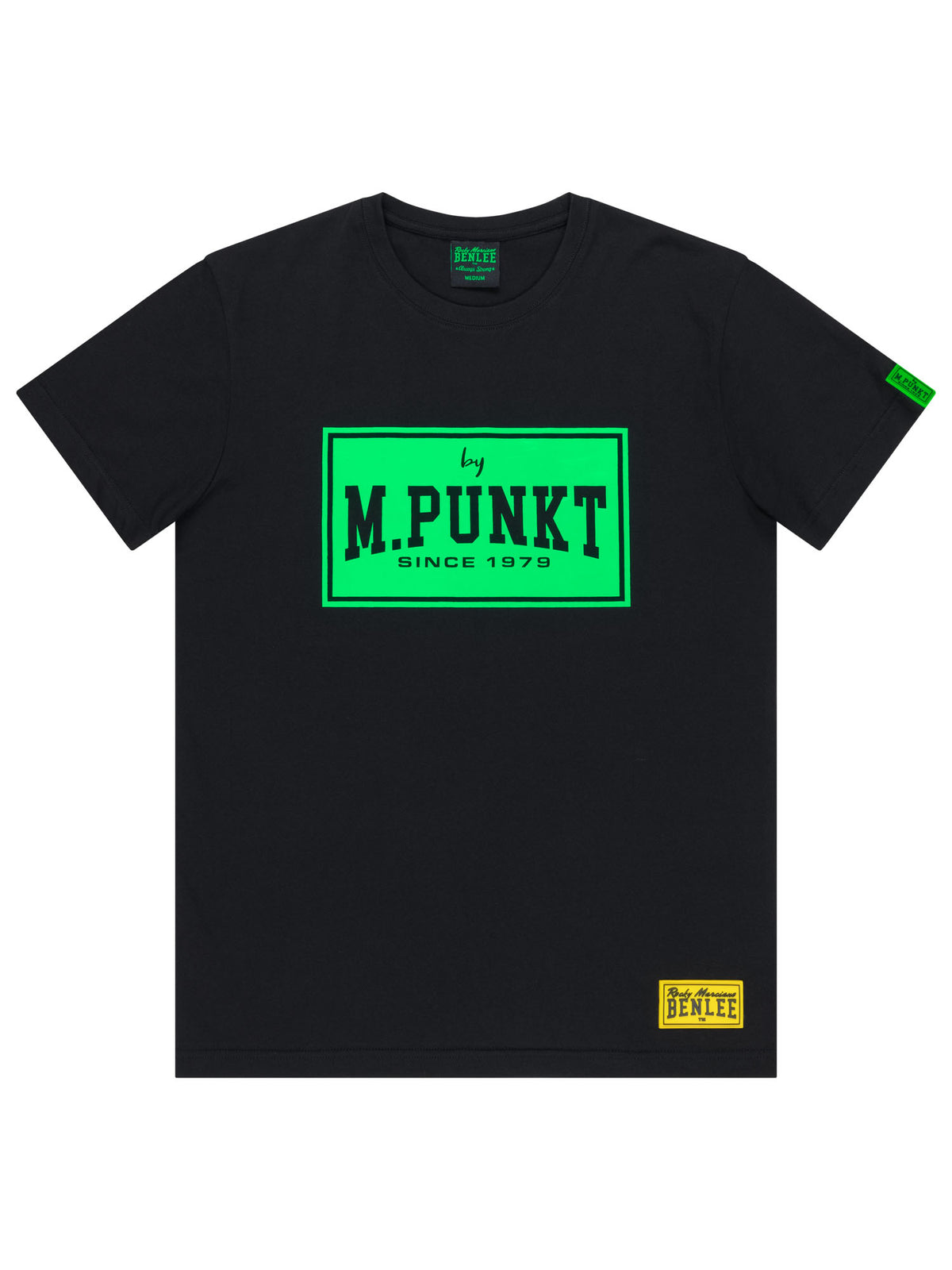 Schwarzes BENLEE Herren T-Shirt mit grünem M.Punkt Logo-Print auf der Brust.