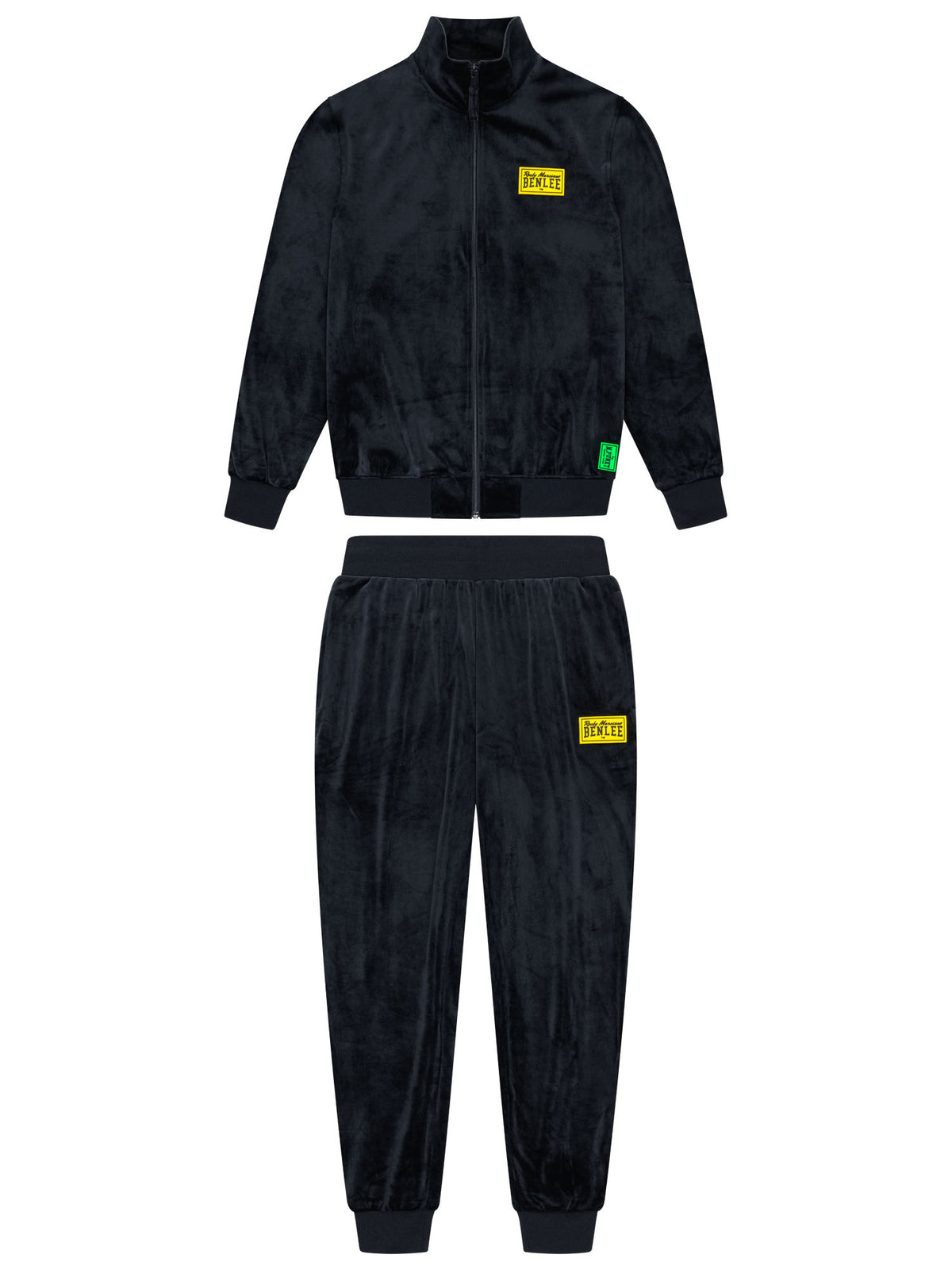 Schwarzer BENLEE Herren-Velours-Jogginganzug mit gelbem Logo-Patch auf Jacke und Hose.