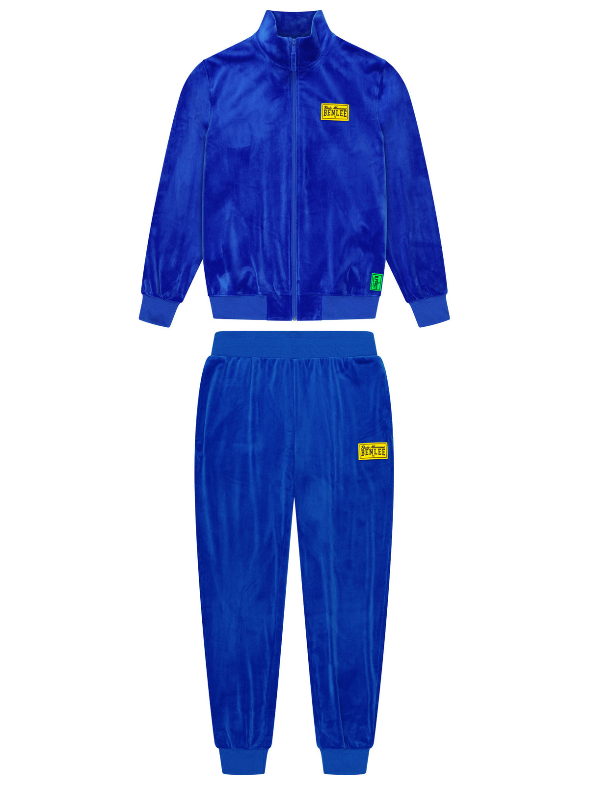 Blauer BENLEE Herren-Jogginganzug aus Velours mit gelbem Logo-Patch auf Jacke und Hose.