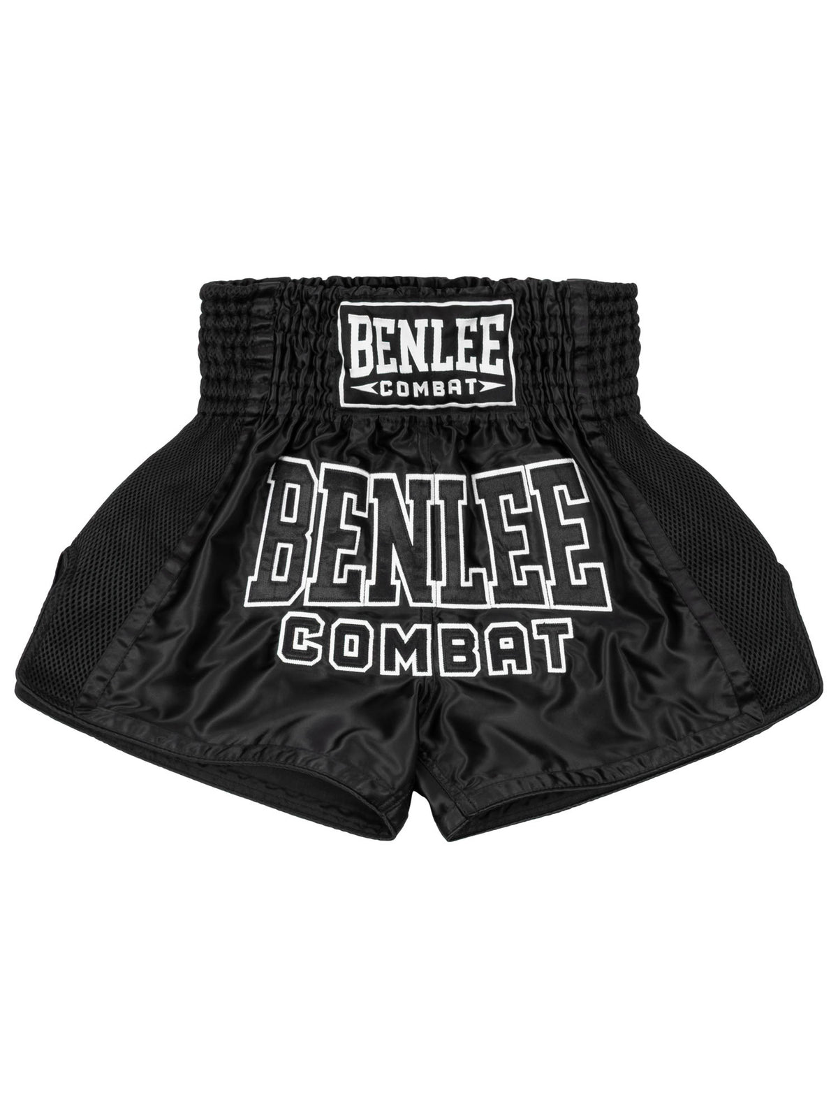 Schwarz-weisse BENLEE Unisex Thaibox-Hose aus Satin für Muay Thai.