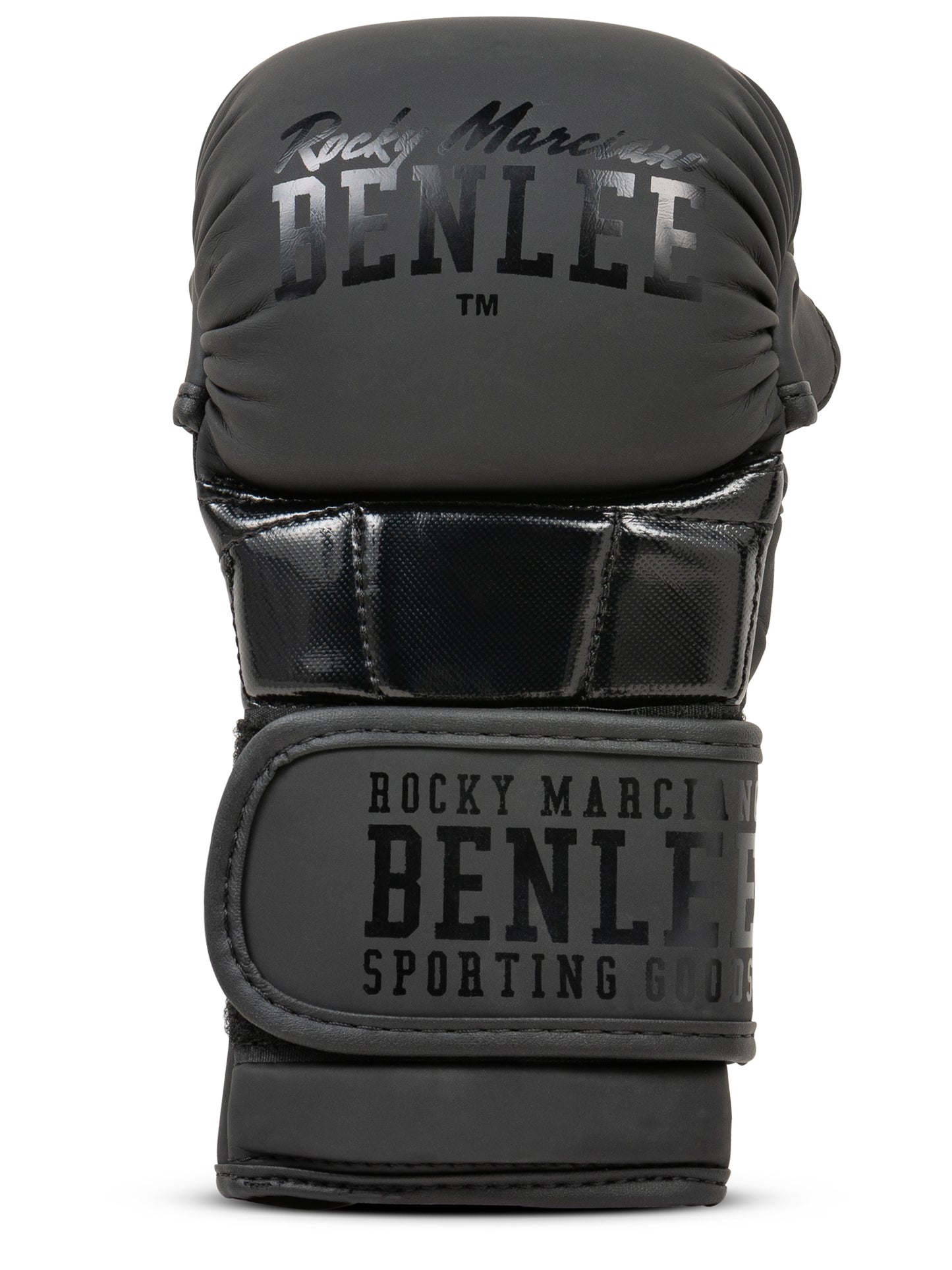 BENLEE MMA-Handschuhe Sparry aus schwarzem Kunstleder mit Daumenschutz und breitem Klettverschluss für stabilen Halt.