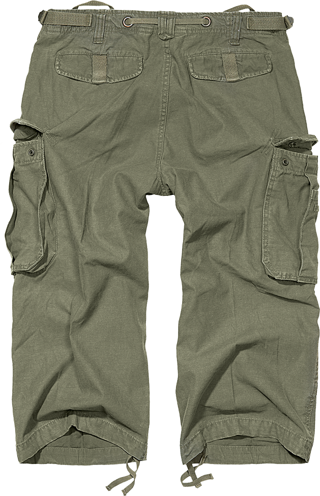 Olive Brandit 3/4 Shorts von hinten mit Pocket-Print auf den Gesaesstaschen.