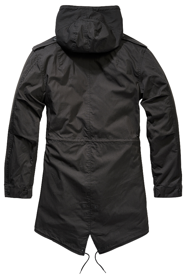 Schwarzer Brandit Fishtail Parka mit warmem Thermofutter, großer Kapuze und funktionalen Taschen – robuster Begleiter für Alltag und Outdoor.