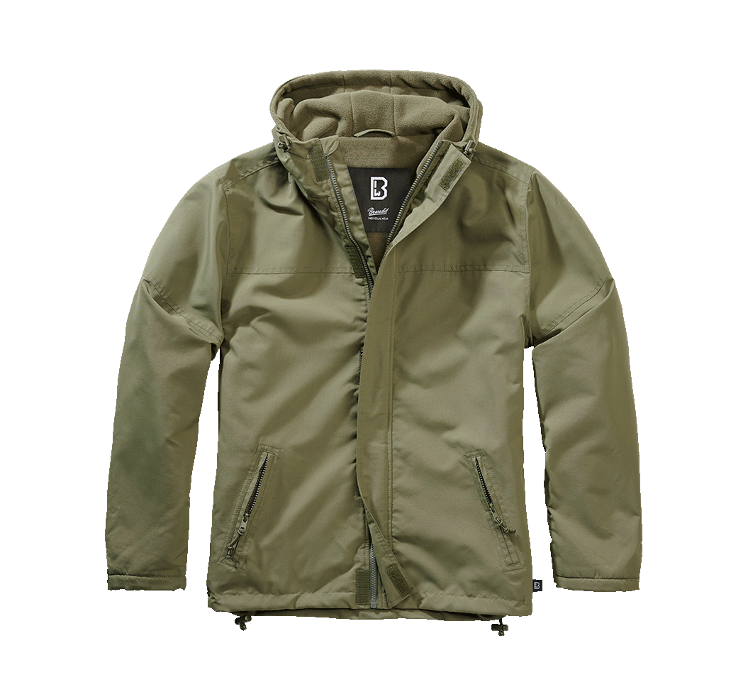Brandit Windbreaker Olive Frontzip mit warmem Fleecefutter, Kapuze und windabweisendem Material.