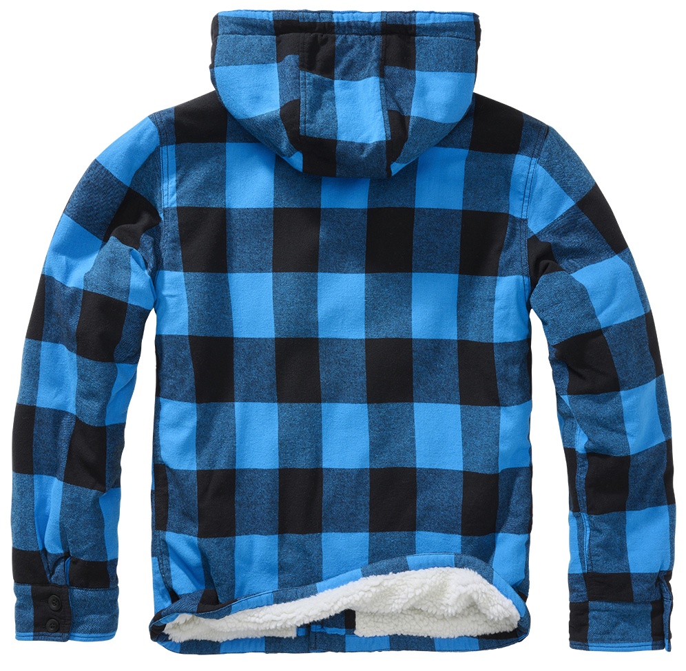 Brandit Lumber Jacket Hooded in Schwarz-Blau: warme, wattierte Flanelljacke mit Teddyfell, abnehmbarer Kapuze und vielen Taschen – ideal für Alltag & Outdoor.