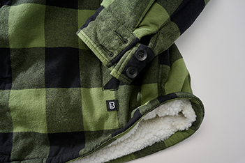 Schwarz-Oliv Brandit Hooded Lumber Jacke mit Teddyfell, abnehmbarer Kapuze, Brust- und Seitentaschen, Straight-Cut.“