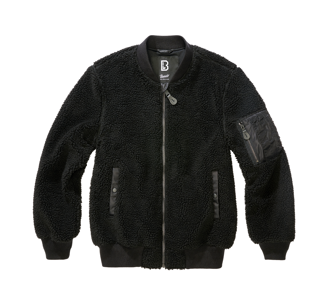 Brandit Teddyfleece-Bomberjacke in Schwarz mit Strickbund, zwei Einschubtaschen und Oberarmtasche mit Reissverschluss.