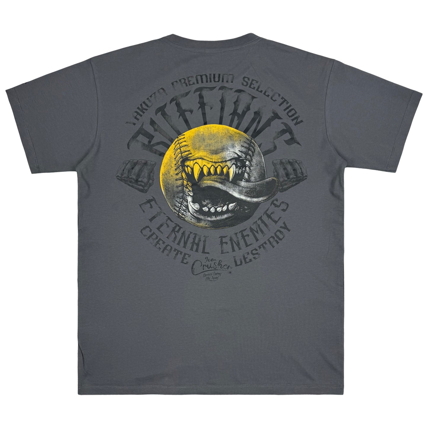Rückseite von dunkelgrauem Yakuza Premium T-Shirt mit Baseball-Rückenprint.