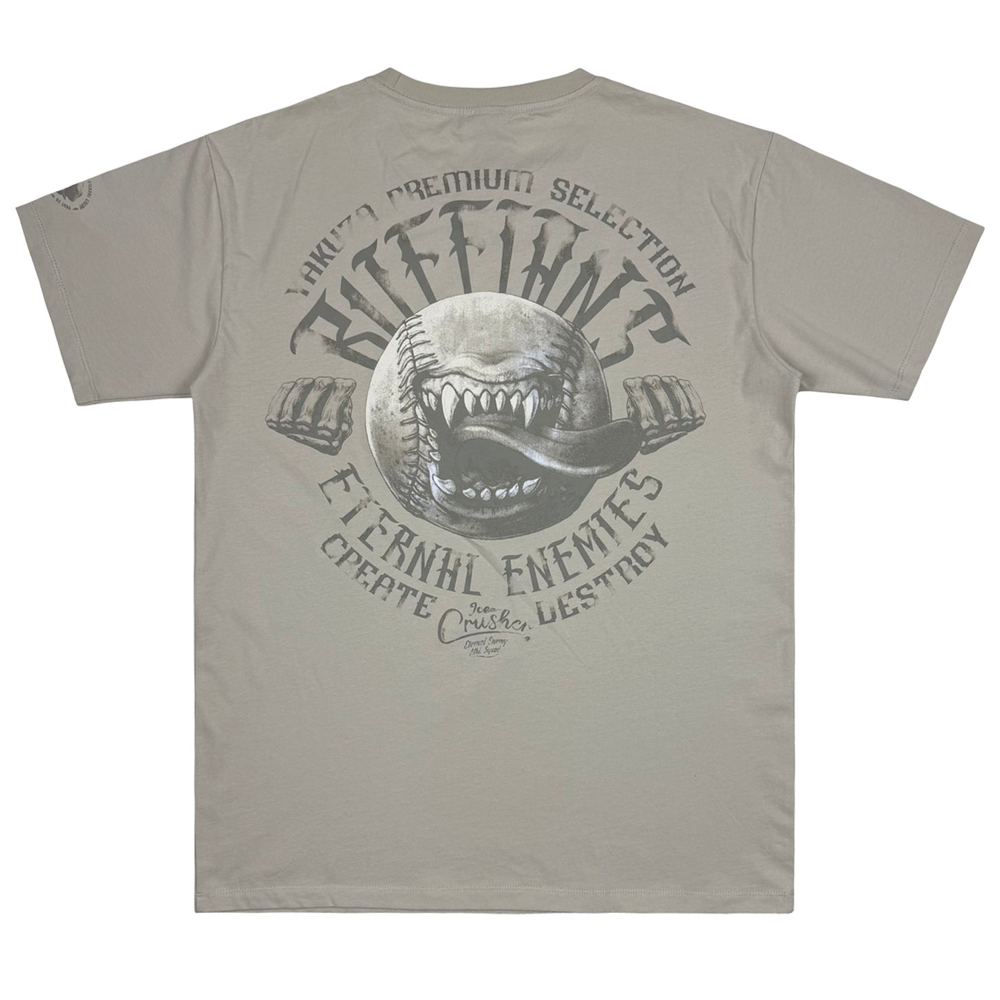 Rückseite von sandfarbenem Yakuza Premium T-Shirt mit Baseball-Rückenprint.