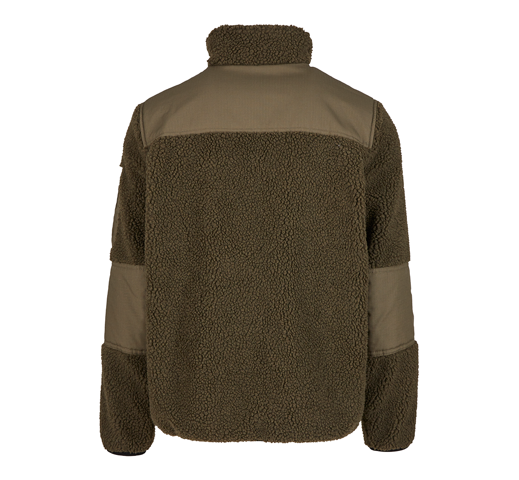 Brandit Teddyfleece-Jacke Oliv mit Ripstop-Einsätzen, Reißverschlusstaschen und atmungsaktivem Meshfutter.
