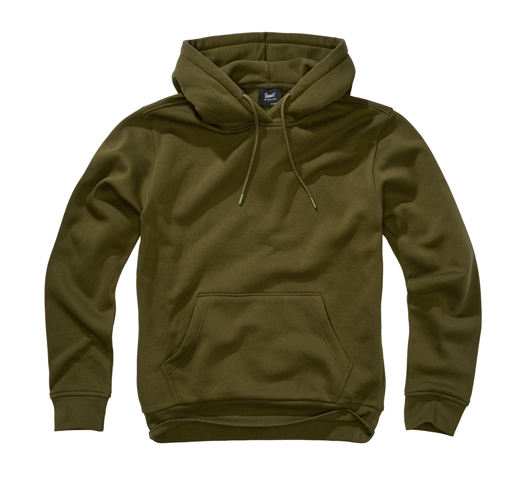 Olivfarbender Hoody aus brushed Fleece mit Kapuze und Kängurutasche."