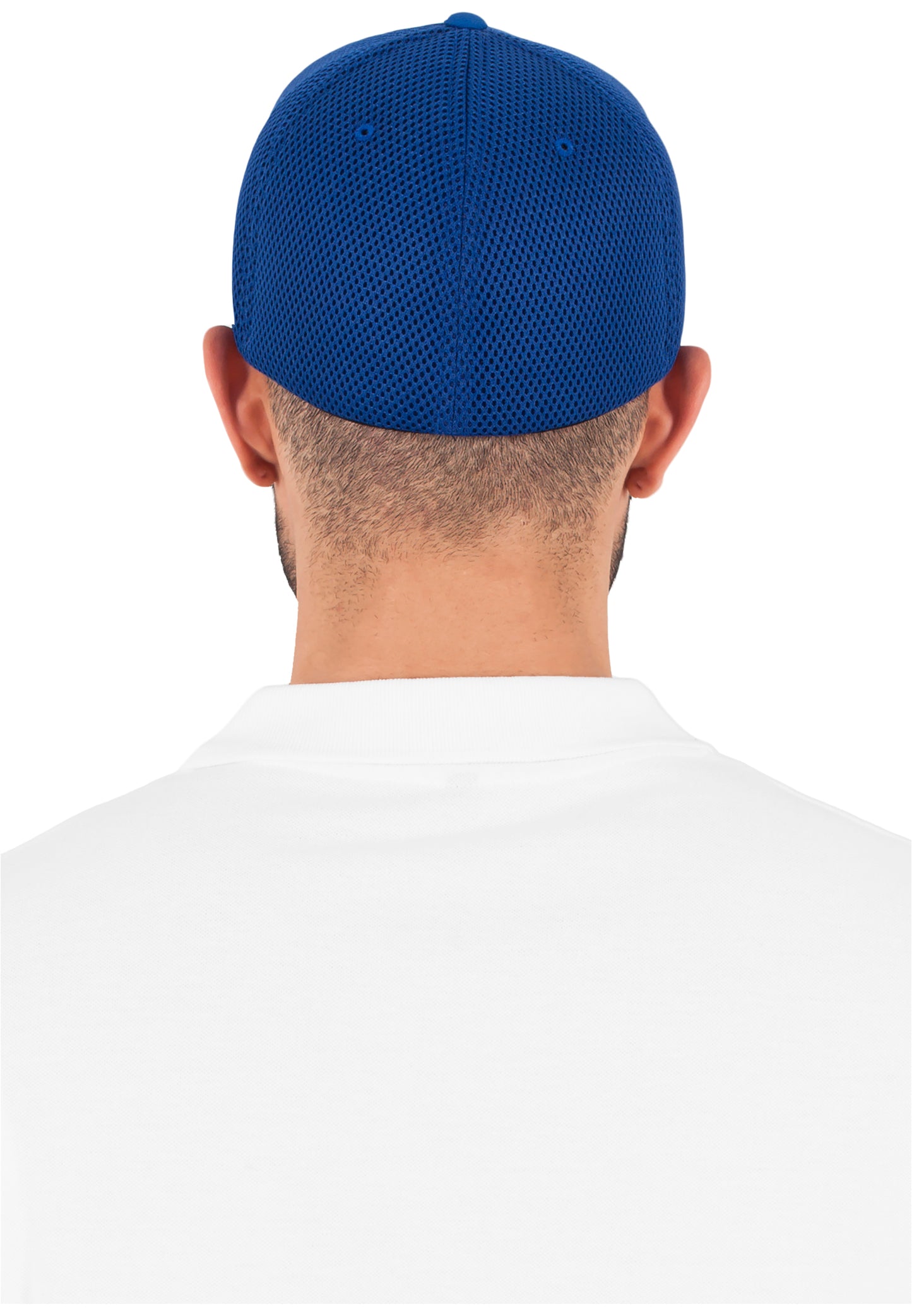 Rückansicht der royalblauen Flexfit Tactel Mesh Cap mit elastischem Band.