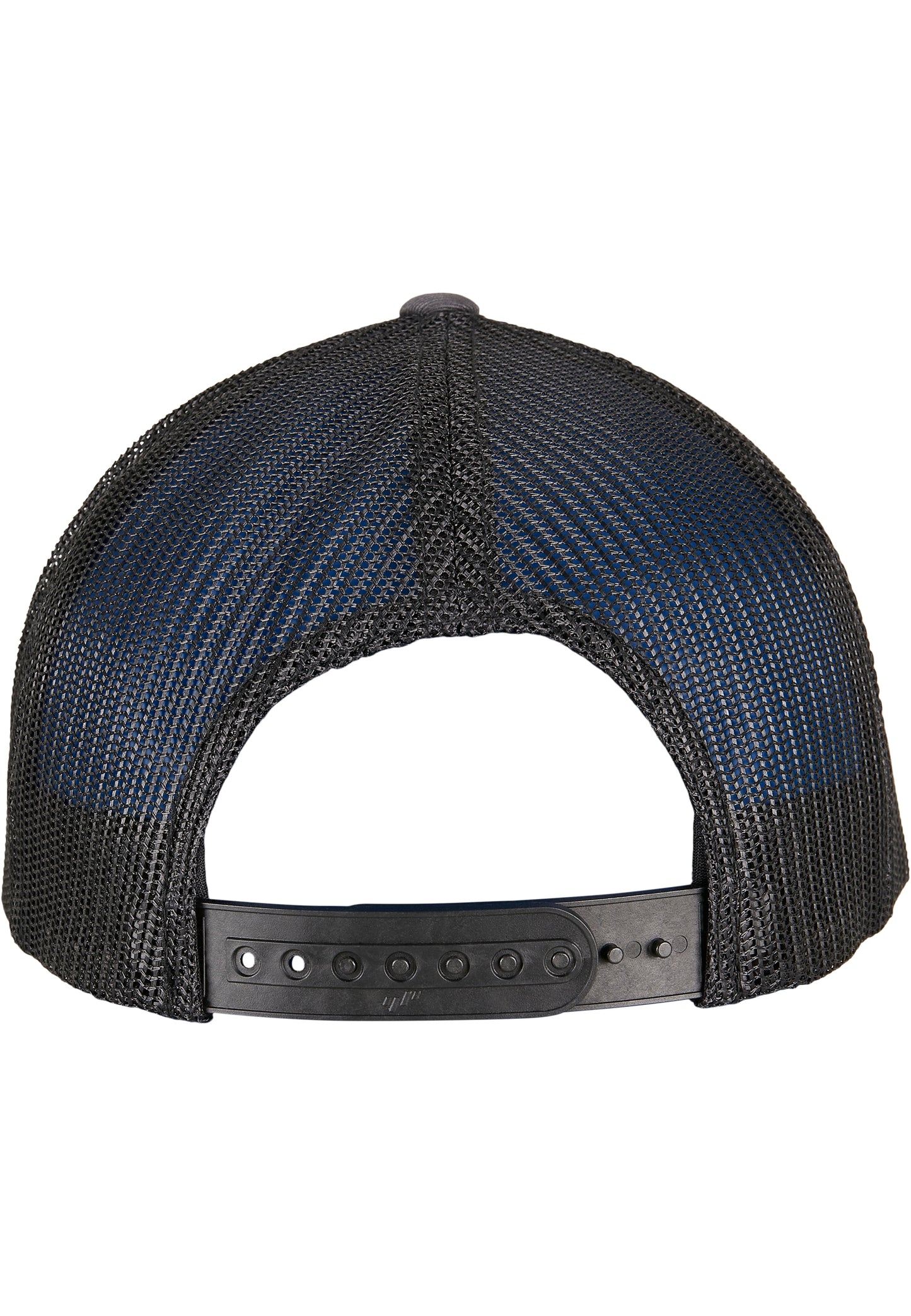 Rückansicht der Flexfit YP Classics Retro Trucker Cap Charcoal mit schwarzem Mesh-Netz und Snapback-Verschluss