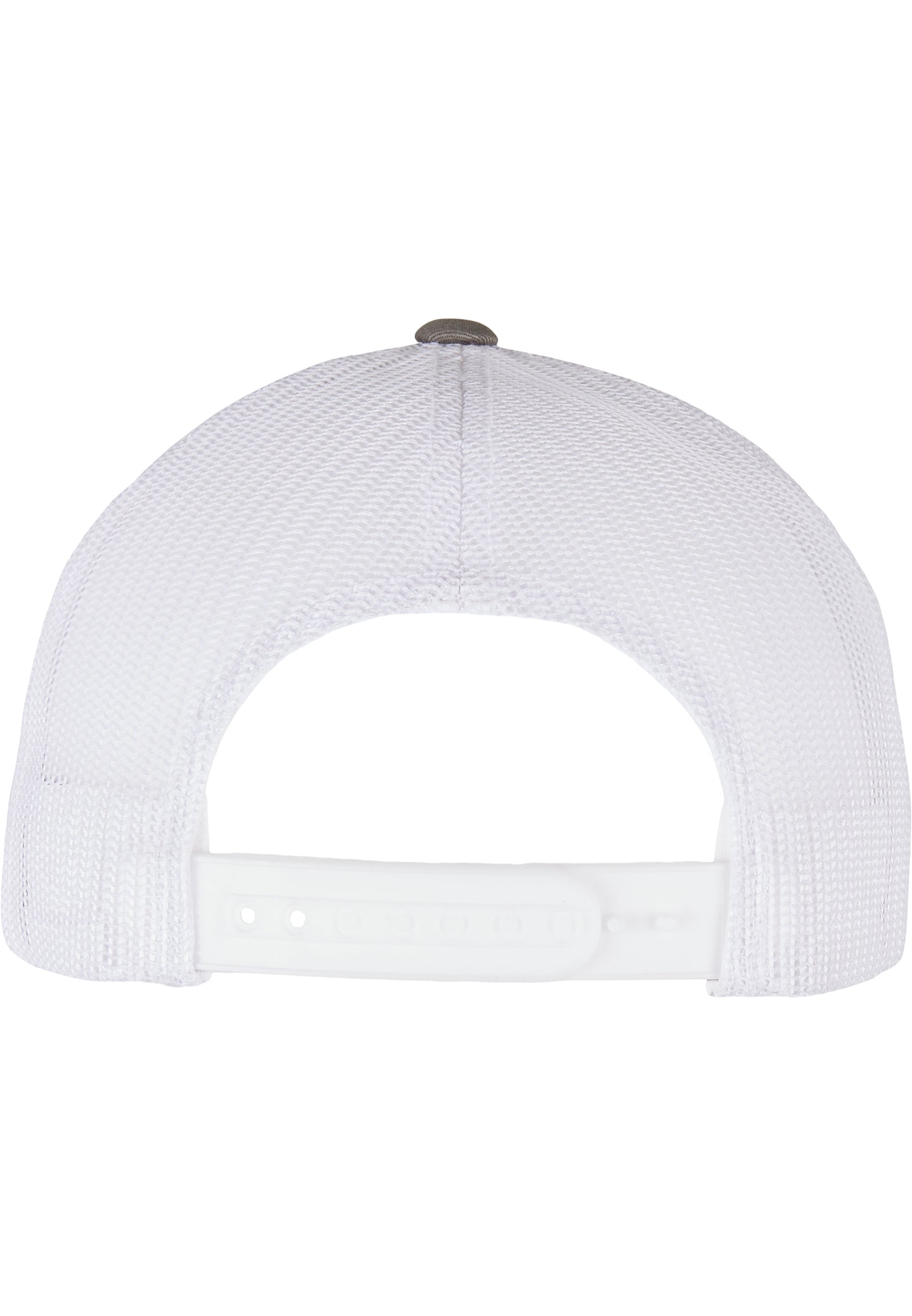 Rückansicht der Flexfit YP Classics Retro Trucker Cap Grau mit weissem Mesh-Netz und Snapback-Verschluss
