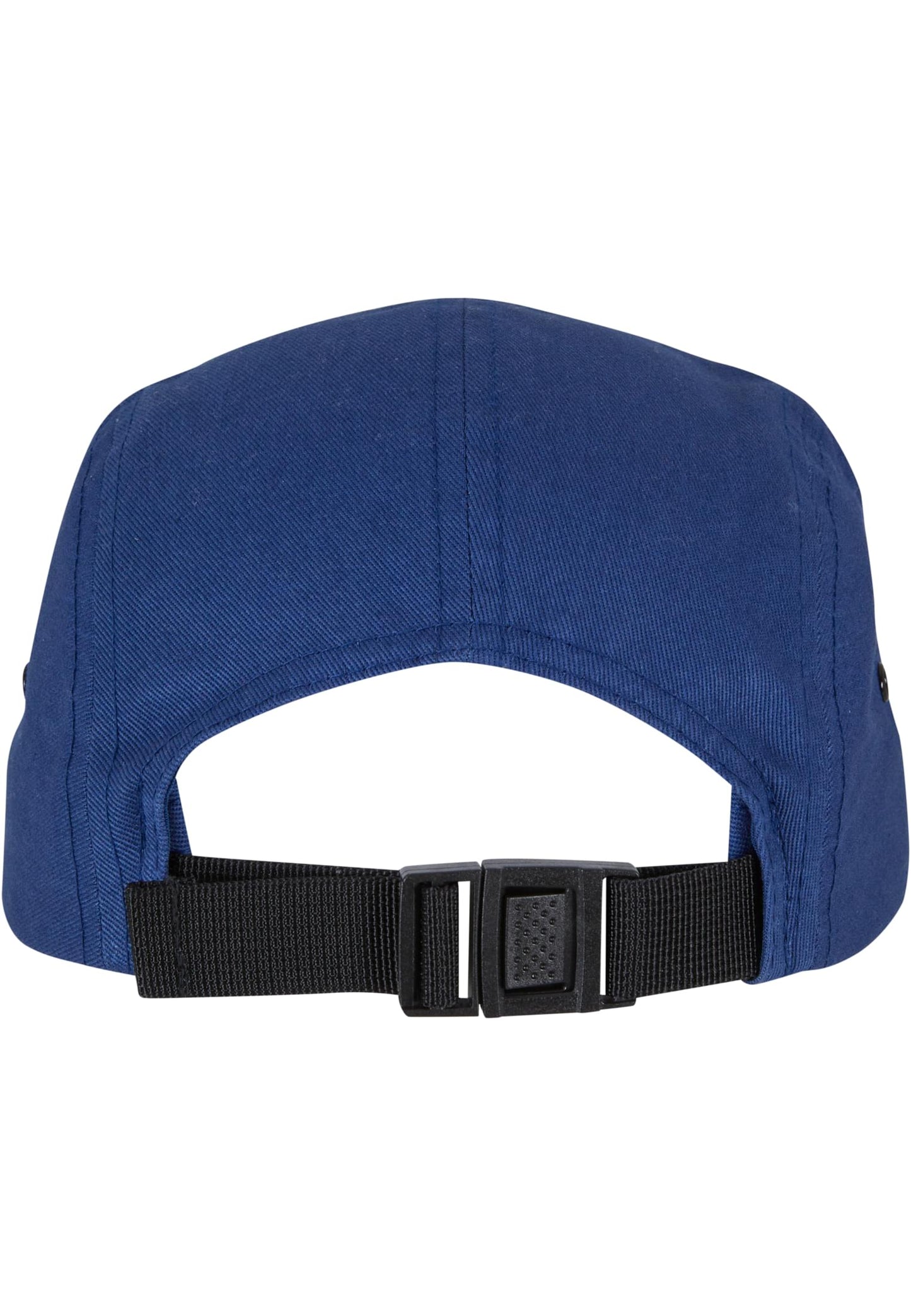 Rückansicht der blauen Flexfit 5-Panel Cap mit verstellbarem schwarzen Clip-Verschluss aus Kunststoff.