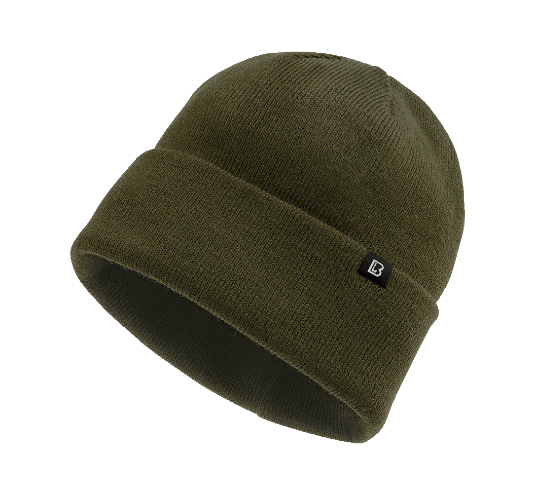 Brandit Feinstrick-Beanie in Olive aus weichem, warmem Material mit elastischer Passform und umklappbarem Umschlag