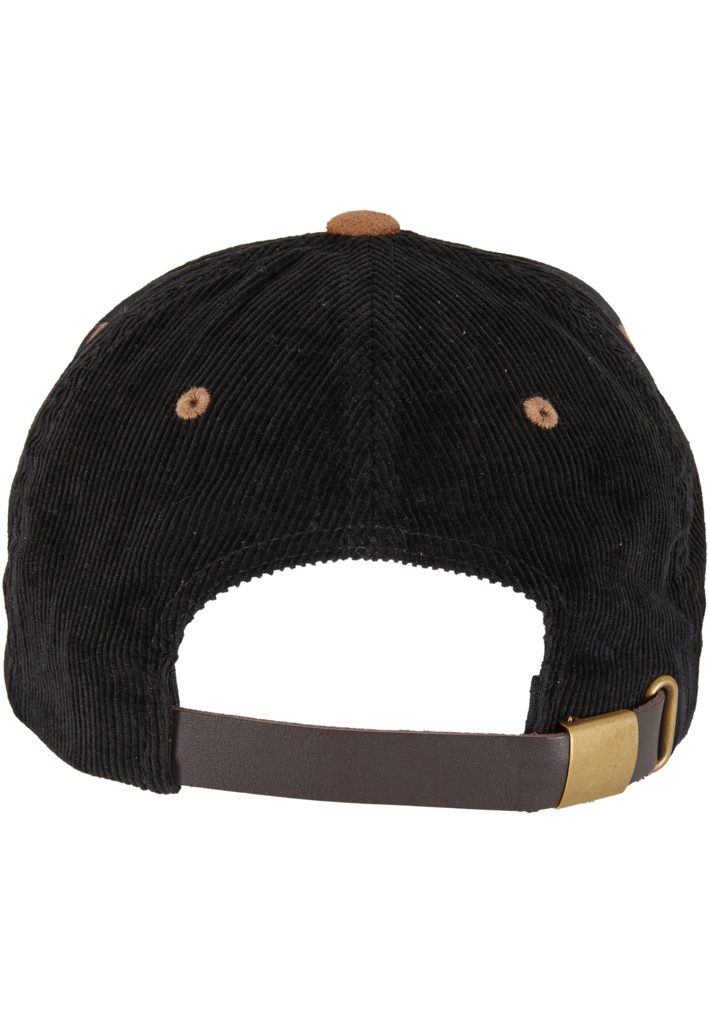 Rückansicht der schwarzen Flexfit Cord Cap mit verstellbarem Lederriemen und Metallschnalle.
