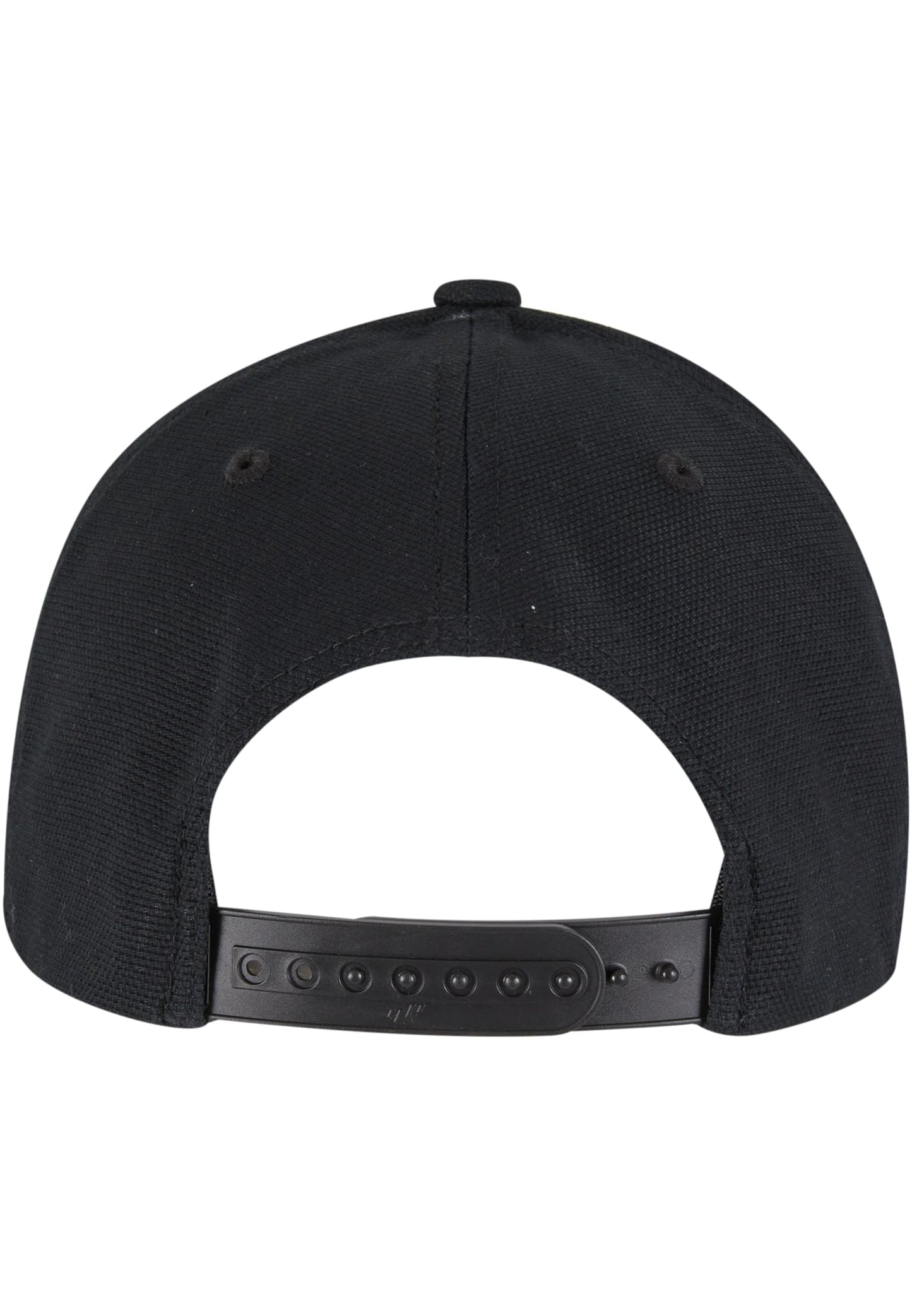 Rückansicht der schwarzen Flexfit 110 Cap mit verstellbarem Snapback-Verschluss aus Kunststoff.