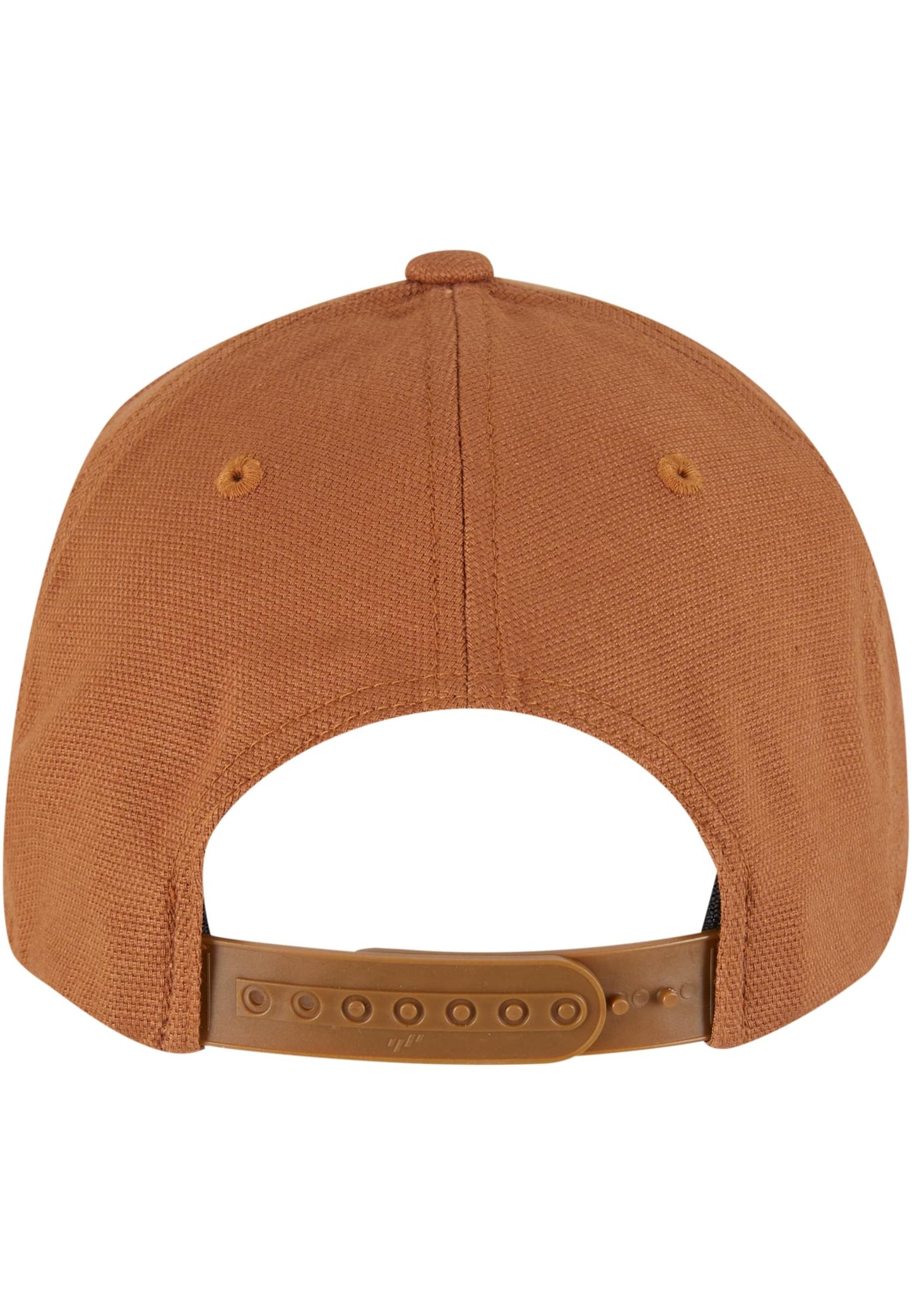 Rückansicht der braunen Flexfit 110 Cap mit verstellbarem Snapback-Verschluss aus Kunststoff.