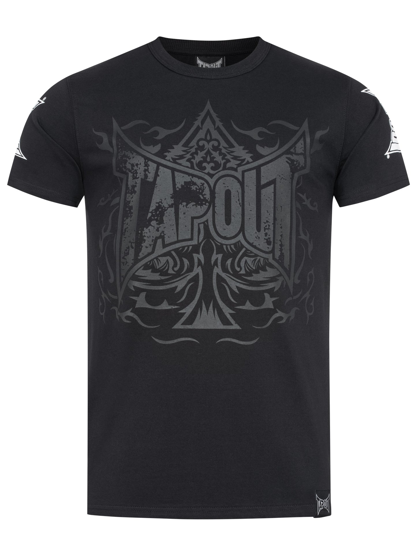 Tapout Herren T-Shirt aus schwarzer Baumwolle mit grossem Logo-Print vorne, kleinem Logo am Rücken und Label am Saum