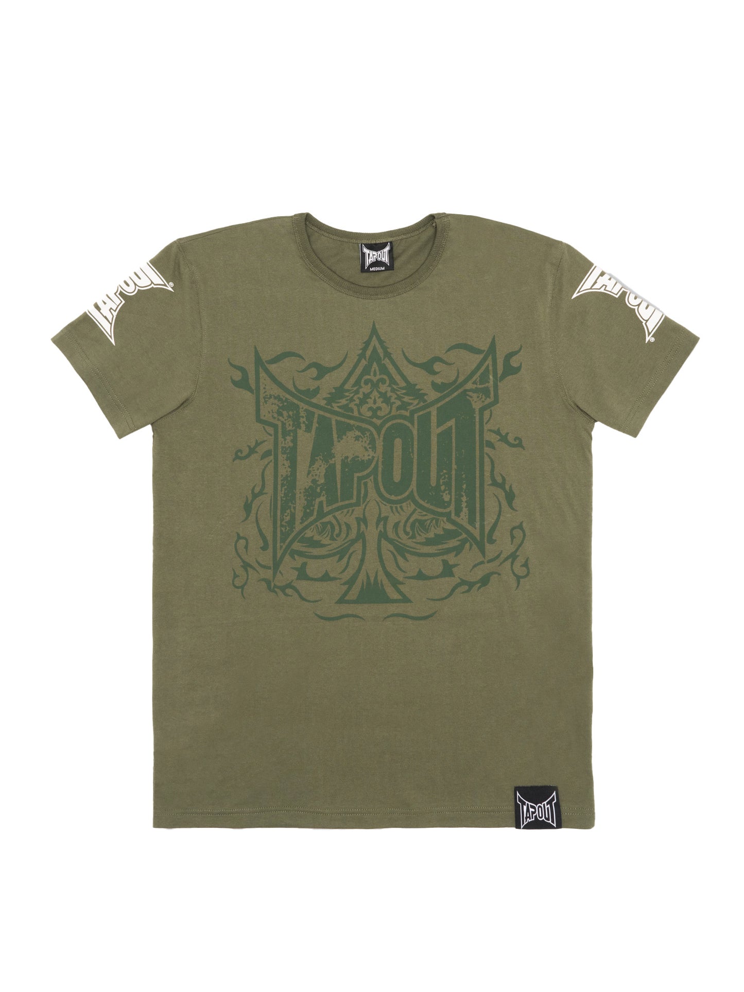 Tapout Herren T-Shirt Oliv, Baumwolle mit grossem Logo-Print vorne, kleinem Logo am Rücken und Label am Saum