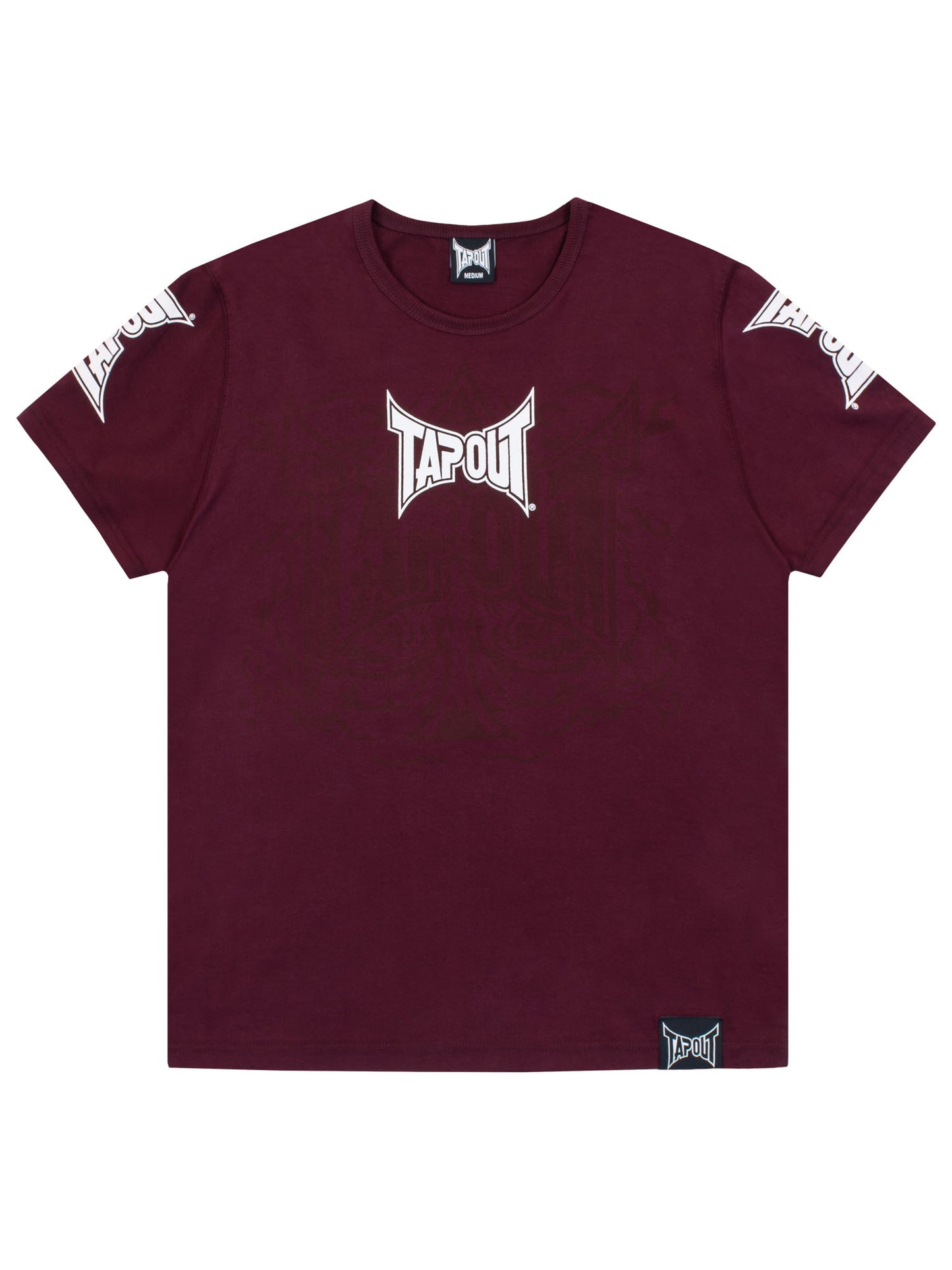 Tapout Herren T-Shirt in Weinrot mit weissem Vintage-Logo-Print auf der Brust.