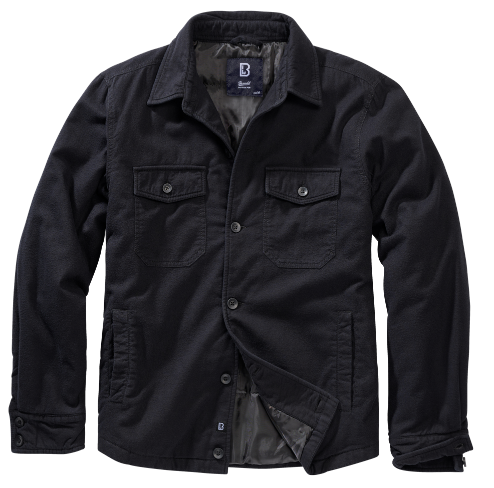 Brandit Lumber Jacke in Schwarz, wattiertes Flanell, Straight-Cut, Brusttaschen, Innentasche, Knopfleiste