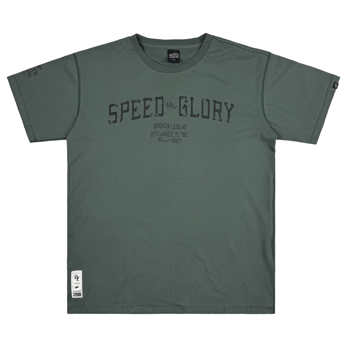 Yakuza Premium Herren T-Shirt Broken Legend in Grauoliv mit grossem Speed and Glory Frontprint auf der Brust.