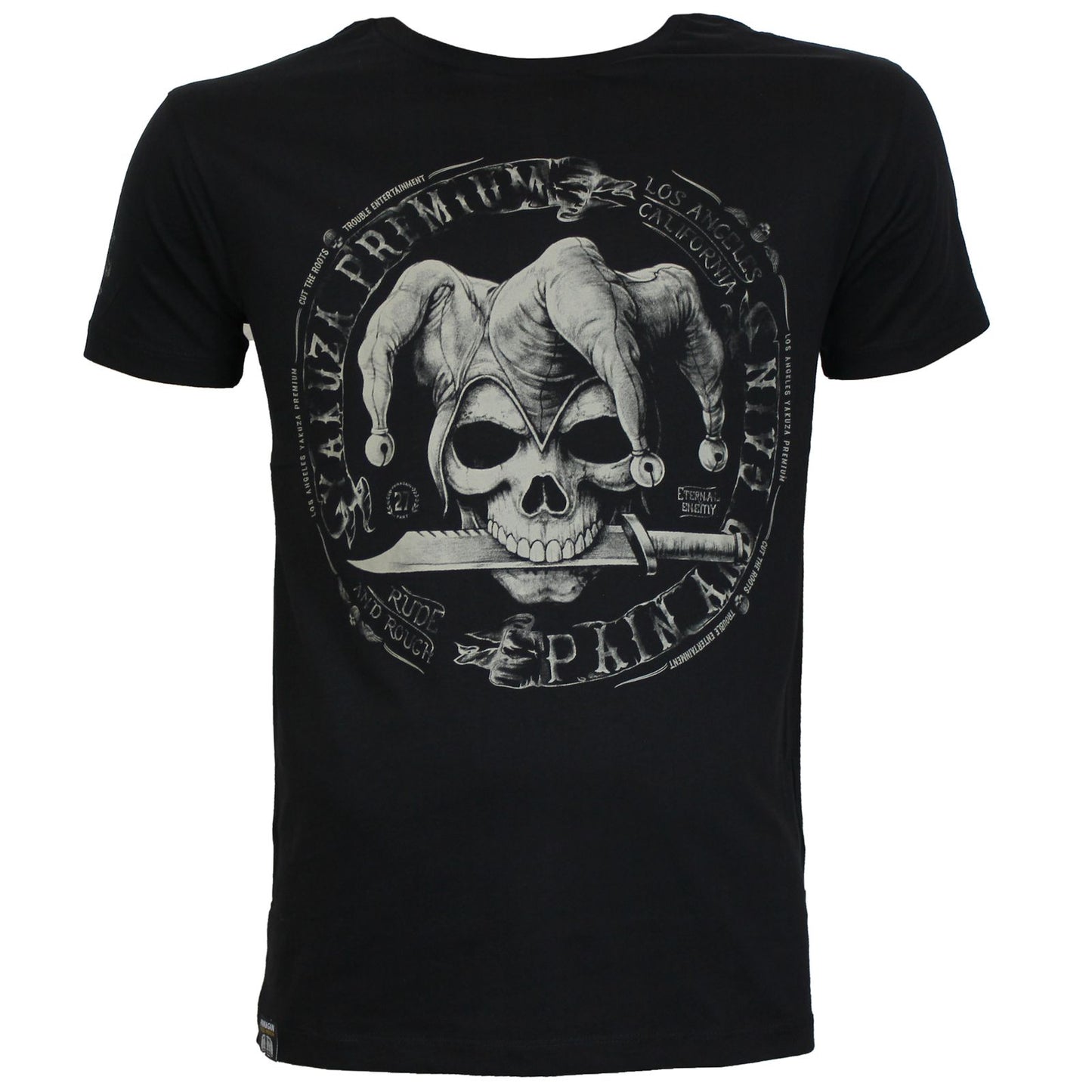 Yakuza Premium T-Shirt 3902 in schwarz mit grossem Frontprint im Tattoo-Stil und markantem Schriftzug auf dem Rücken – Herren Streetwear