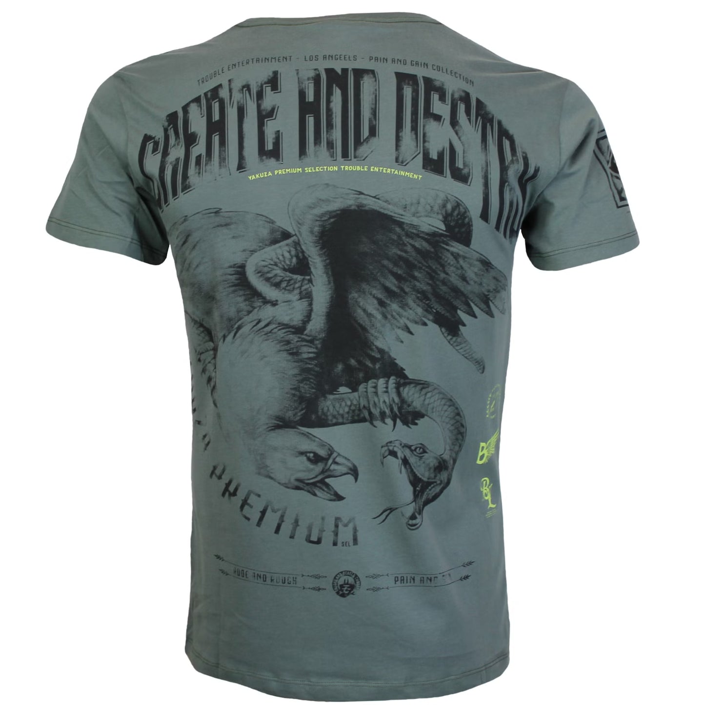 Yakuza Premium 3905 T-Shirt in grau olive mit grossem, detailreichem Rückenprint und kleinem Frontprint.