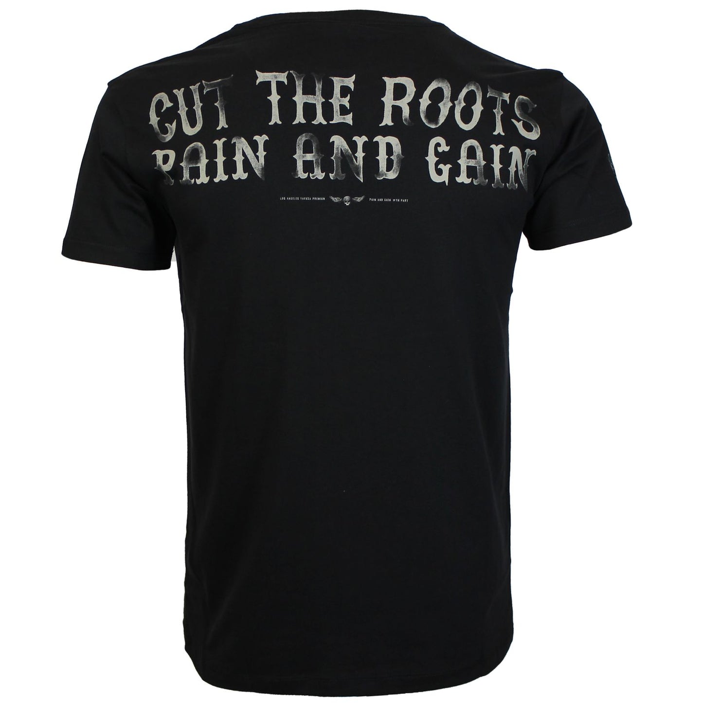 Yakuza Premium T-Shirt 3902 in schwarz mit grossem Frontprint im Tattoo-Stil und markantem Schriftzug auf dem Rücken – Herren Streetwear