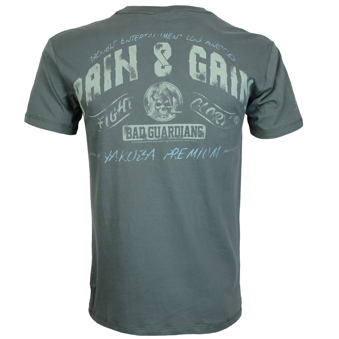 Yakuza Premium 3914 T-Shirt in grey blau aus 100 % Baumwolle mit grossem Brustprint und auffälligem Schriftzug auf dem Rücken