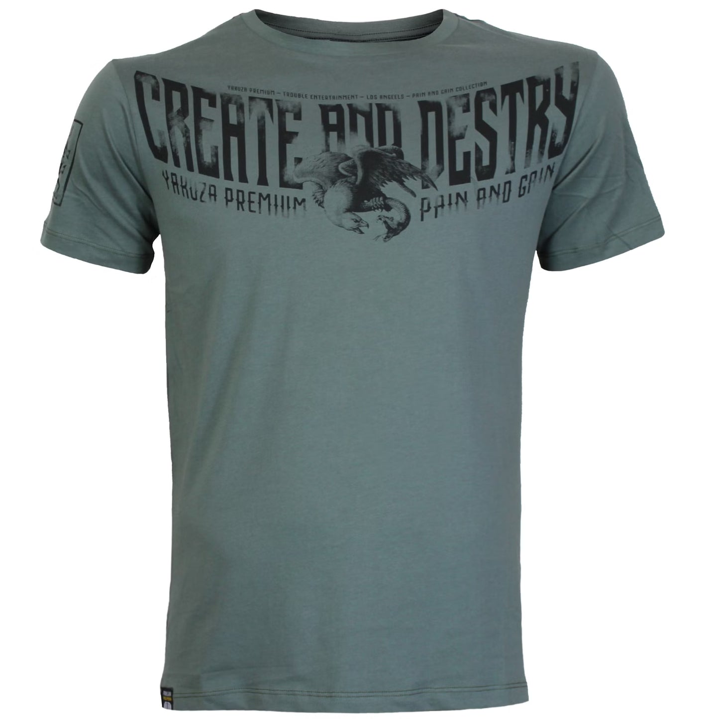 Yakuza Premium 3905 T-Shirt in grau olive mit grossem, detailreichem Rückenprint und kleinem Frontprint.