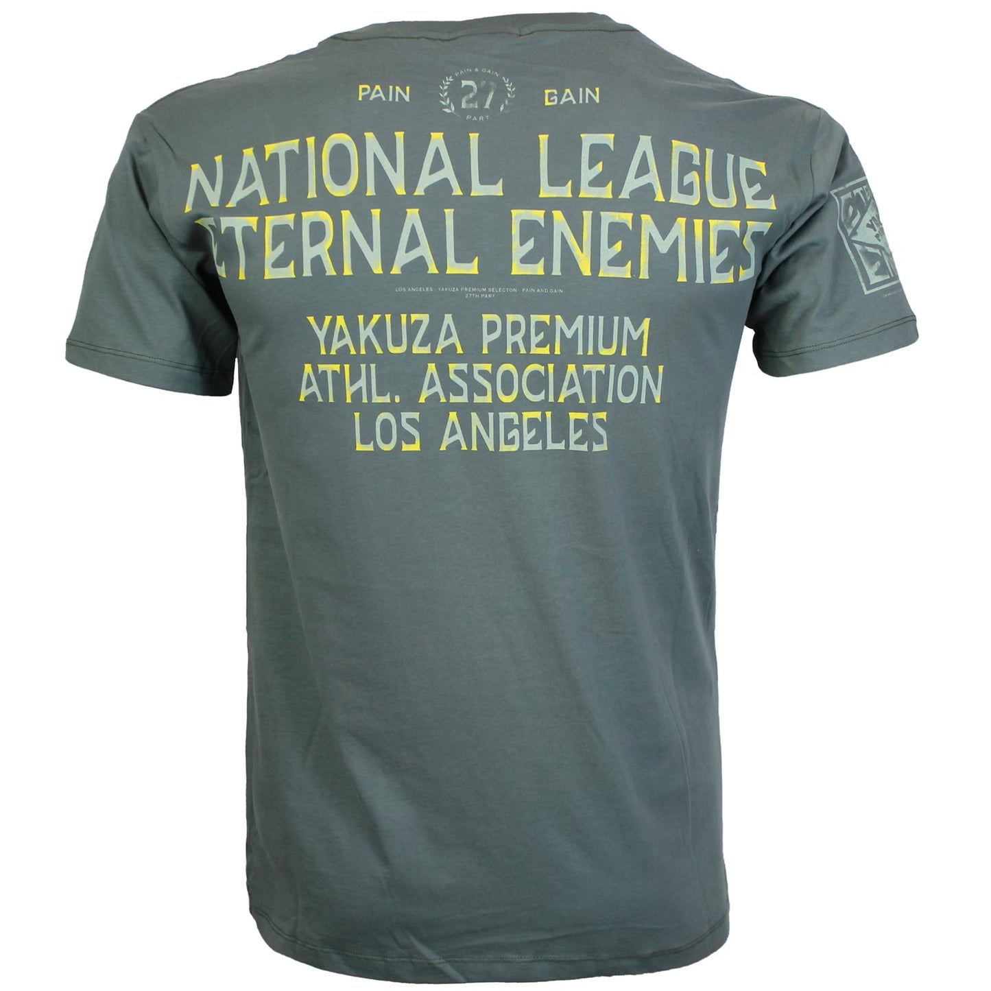 Yakuza Premium T-Shirt 3900 in olivegrau mit grossem Frontprint im Tattoo-Stil und markantem Schriftzug auf dem Rücken – Herren Streetwear