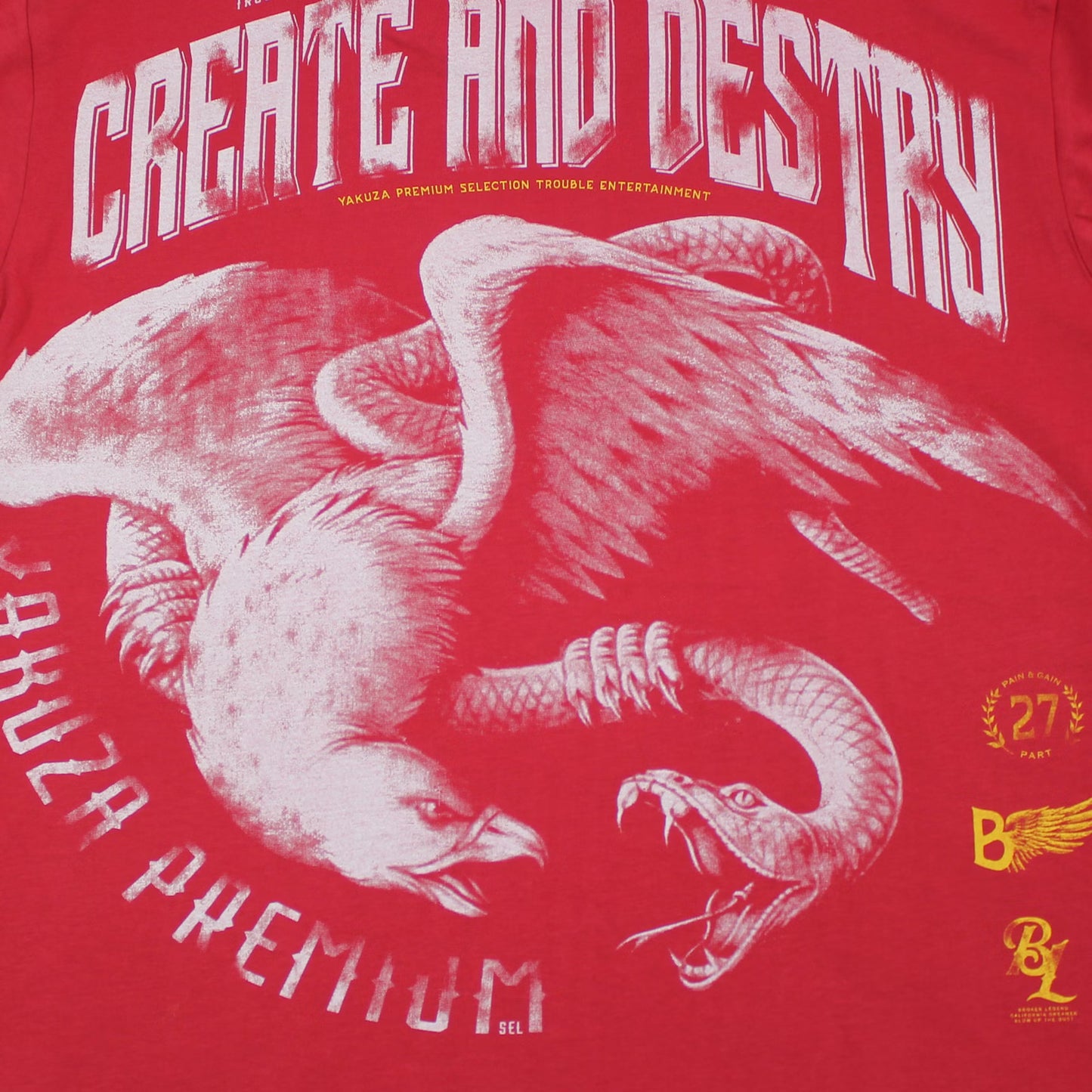 Yakuza Premium 3905 T-Shirt in rot mit grossem, detailreichem Rückenprint und kleinem Frontprint.