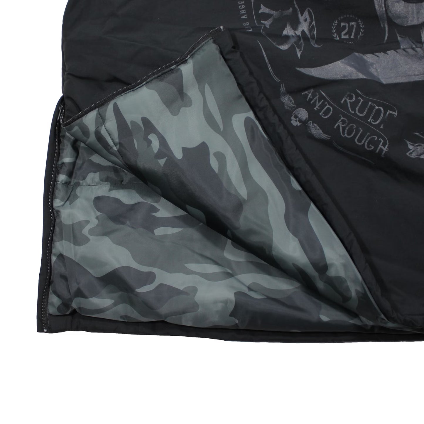 Yakuza Premium Windbreaker 3963 in Schwarz mit Kapuze, Harlekin-Print und Patches.