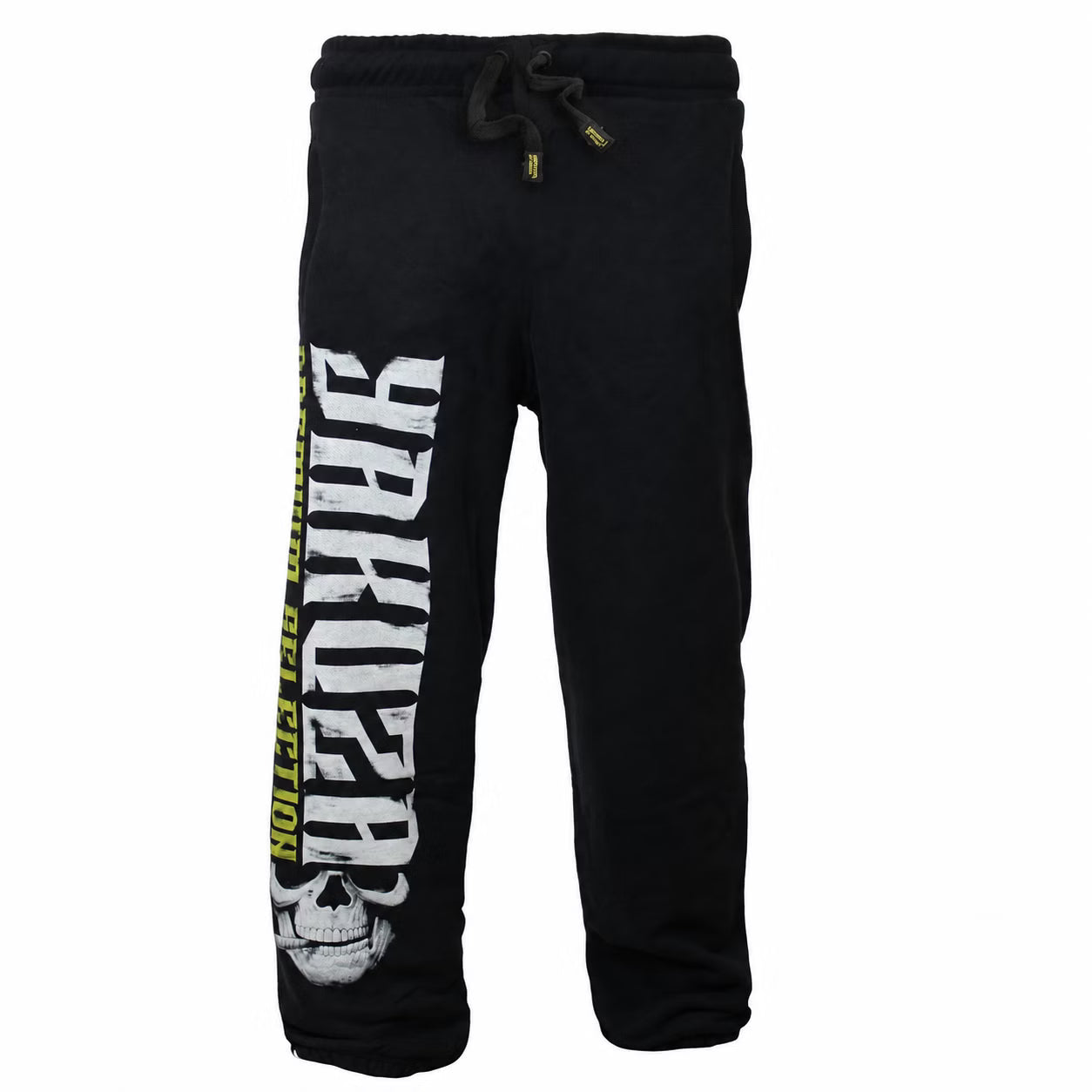 Yakuza Premium Herren Jogginghose in Schwarz mit grossem weissem Schriftzug und Totenkopf-Print auf dem rechten Bein.