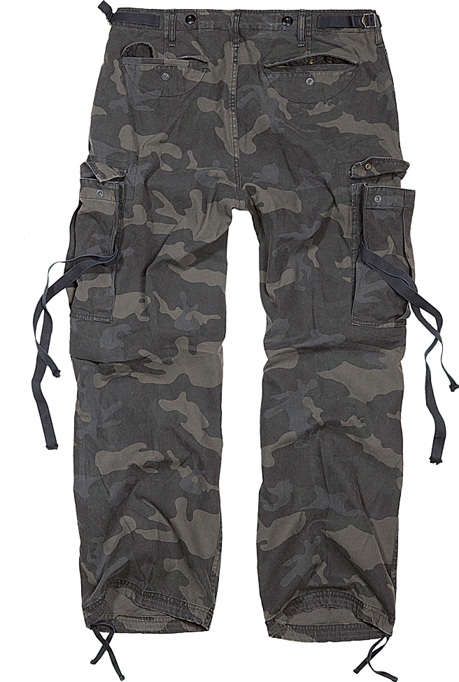 Rückansicht einer robusten Brandit Cargo-Hose im dunklen Camouflage-Look mit Gesäßtaschen.