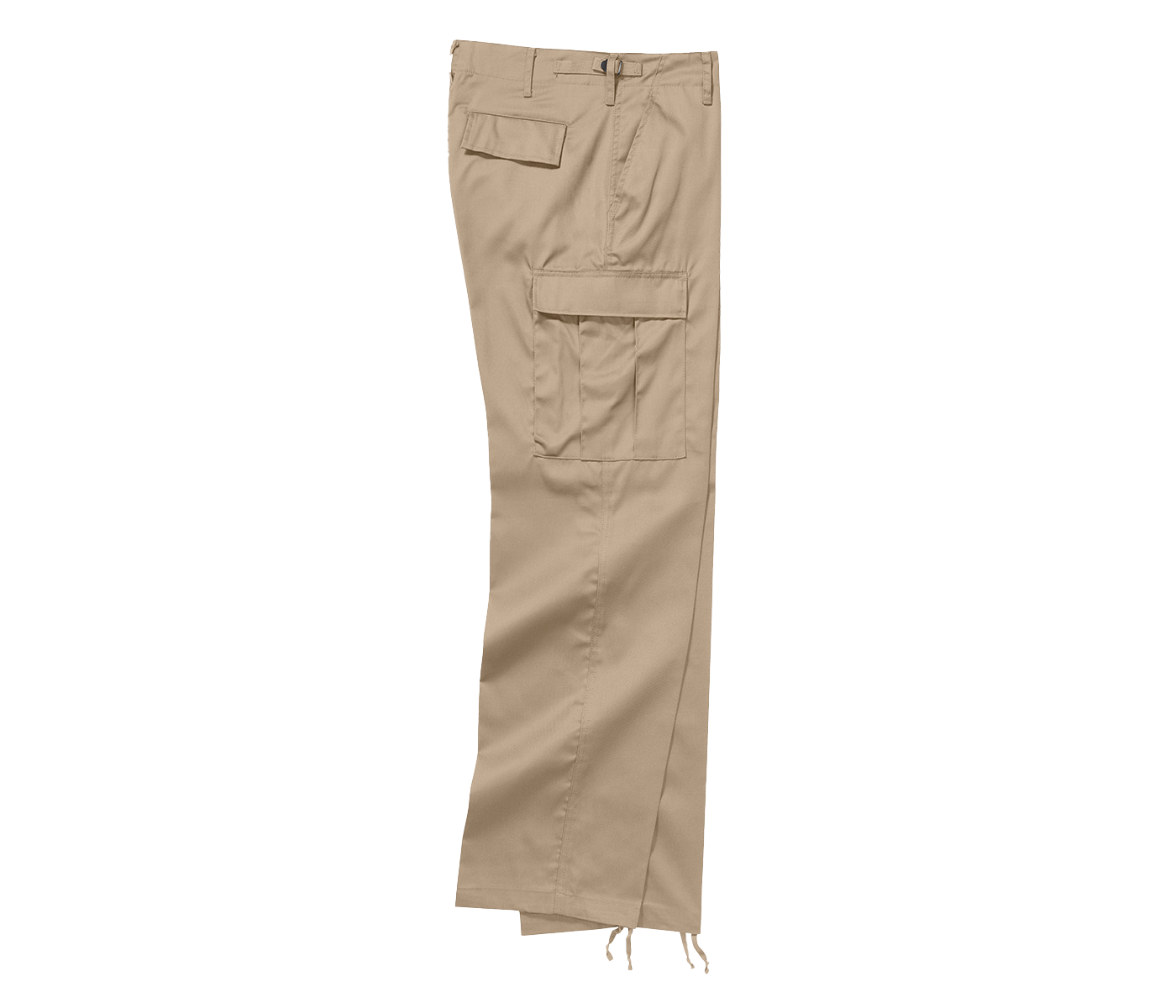 Seitenansicht der beigen Brandit US Ranger Cargo-Hose mit Fokus auf Beintasche und Zugband am Beinende.