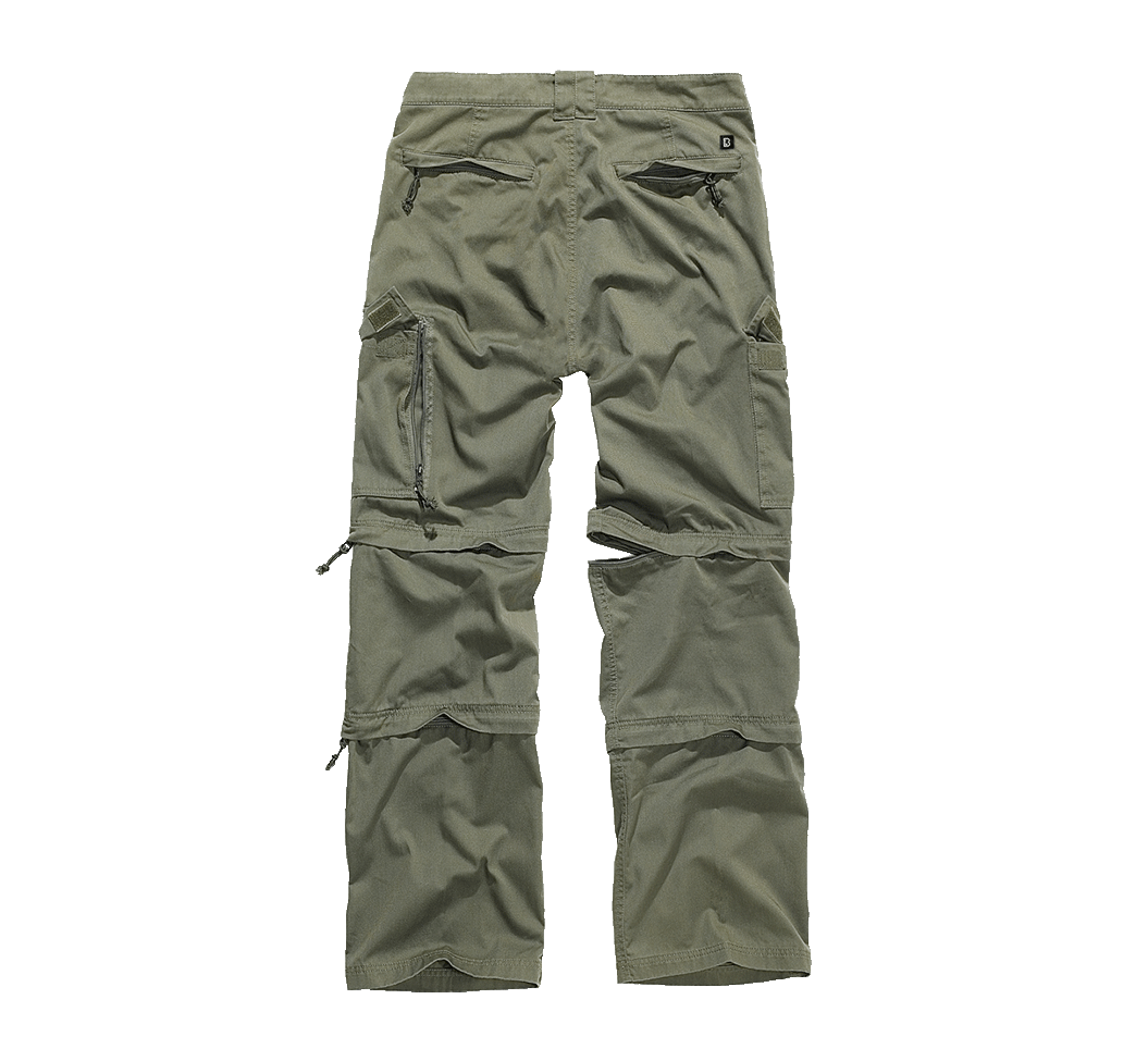 Rückansicht der olivgrünen Cargo-Wanderhose mit praktischen Gesässtaschen.