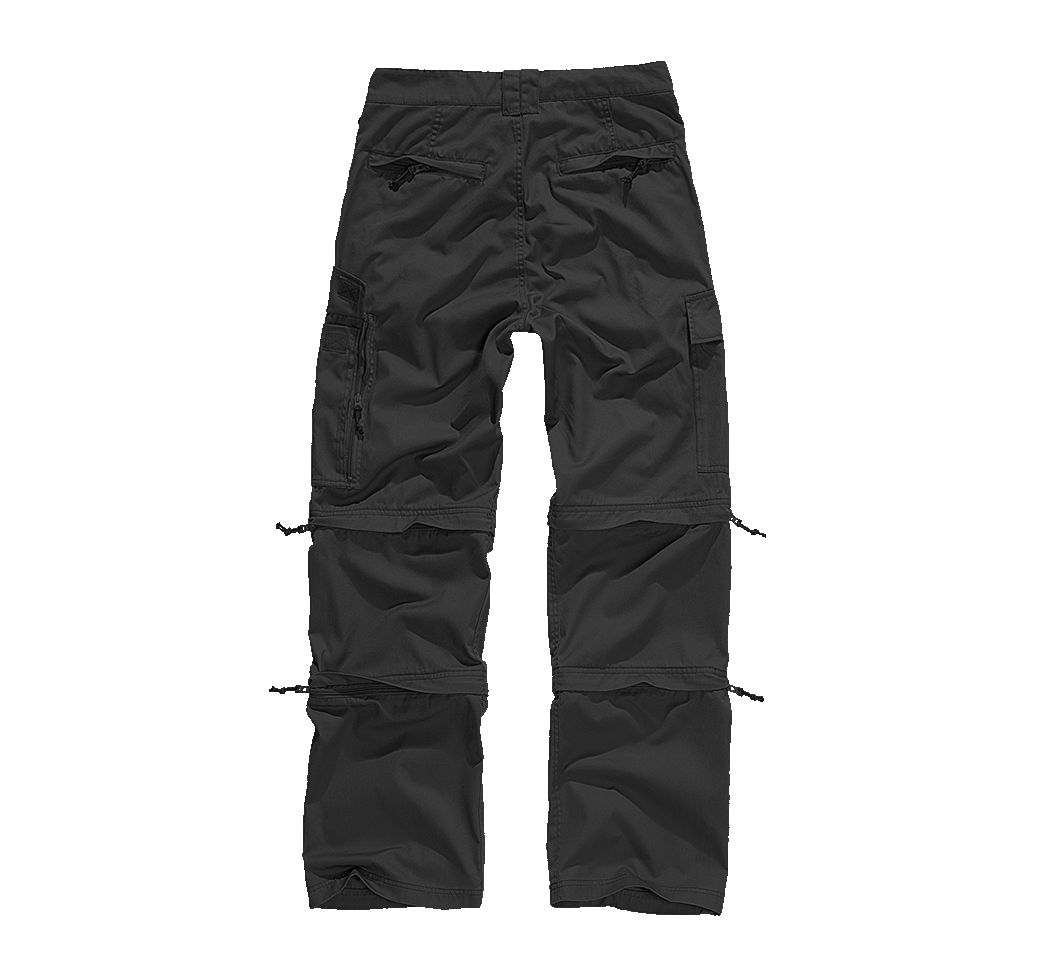  Rückansicht einer funktionalen schwarzen Wanderhose mit Reissverschluss-Gesässtaschen.