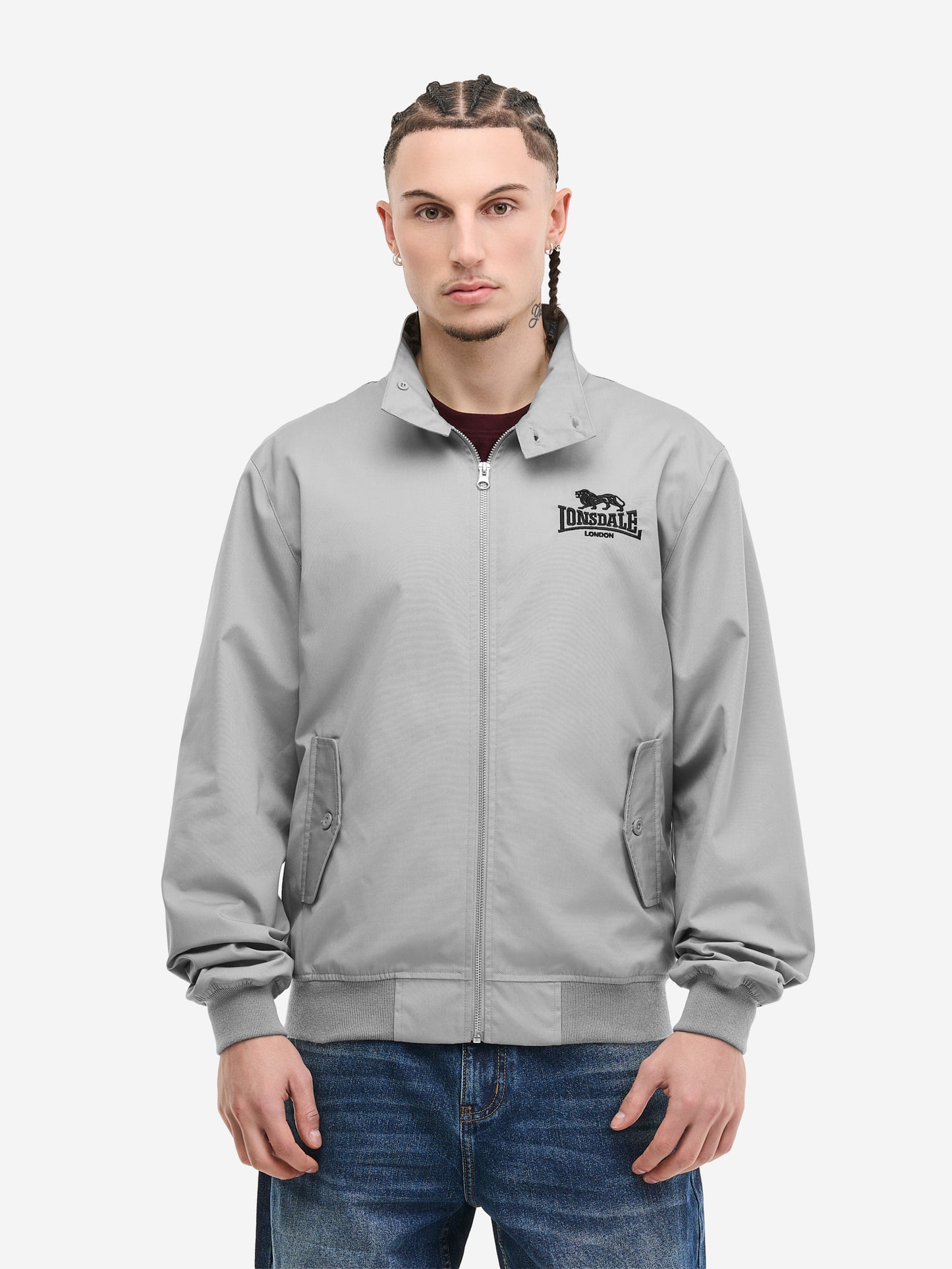 Graue Lonsdale Harrington Jacke, Frontansicht.