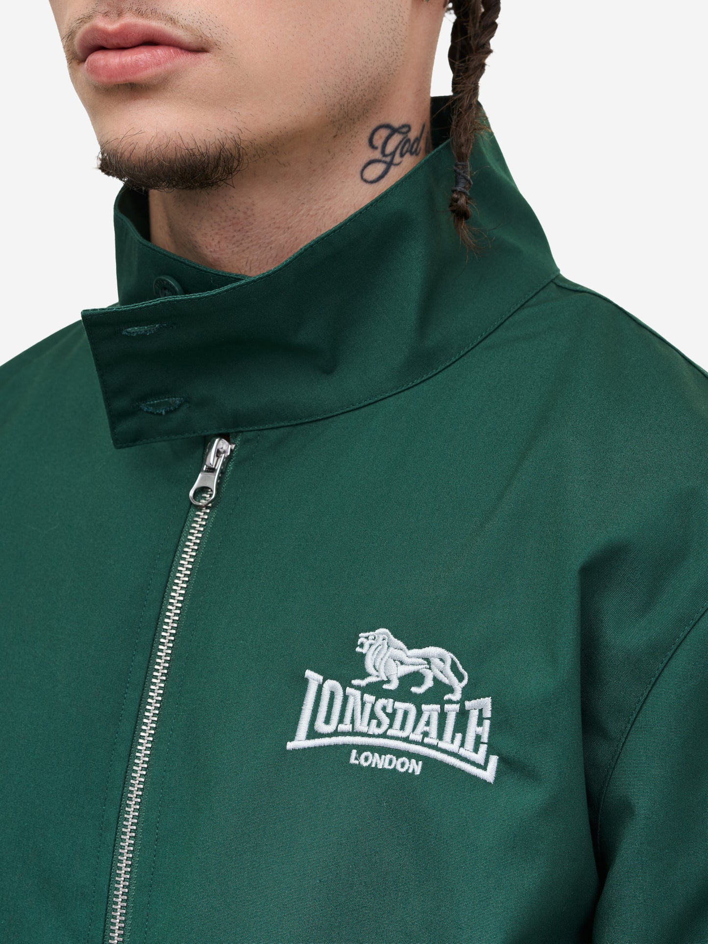 Logo-Stickerei & rot-kariertes Futter, Lonsdale Jacke Flaschengrün.