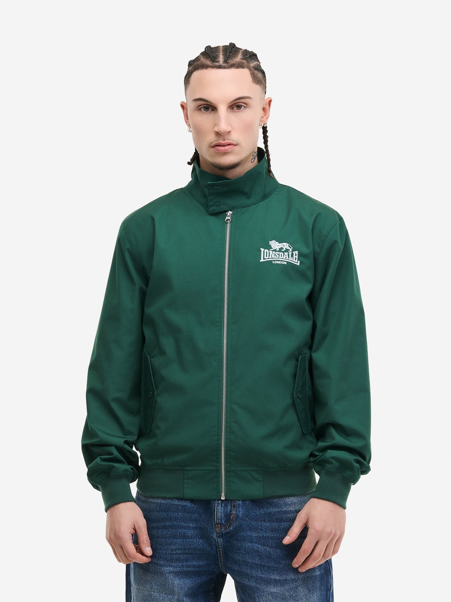 Lonsdale Harrington Jacke Flaschengrün, Frontansicht.